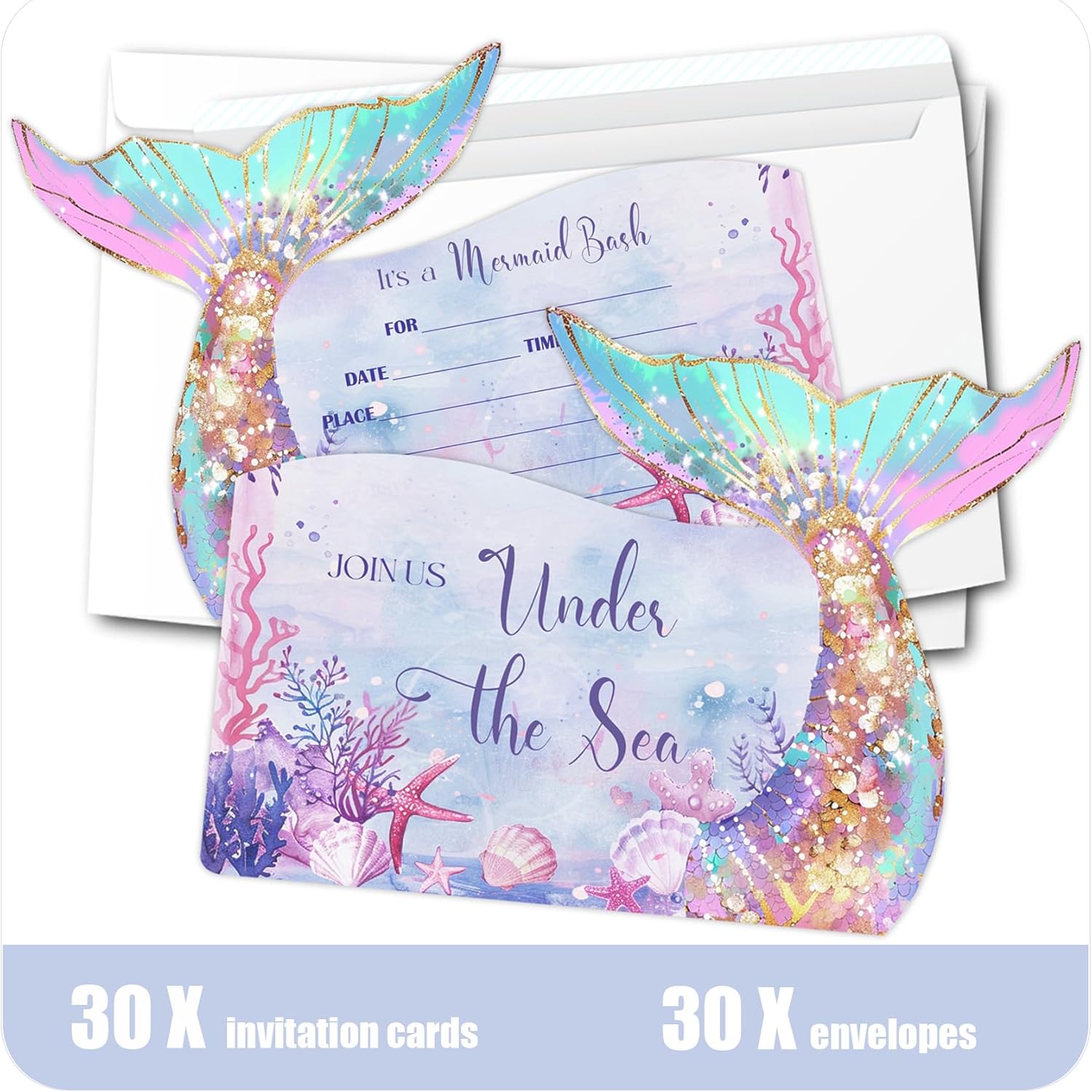 Mermaid Birthday Invitations with Envelopes 5x7 Inches