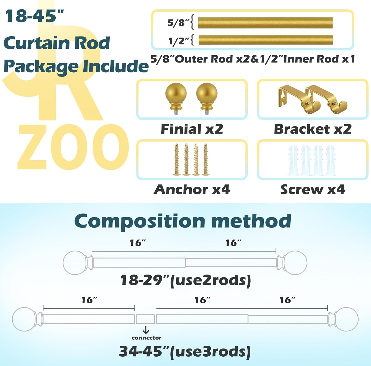 Gold Curtain Rods 18-45 Set with Finials and Brackets