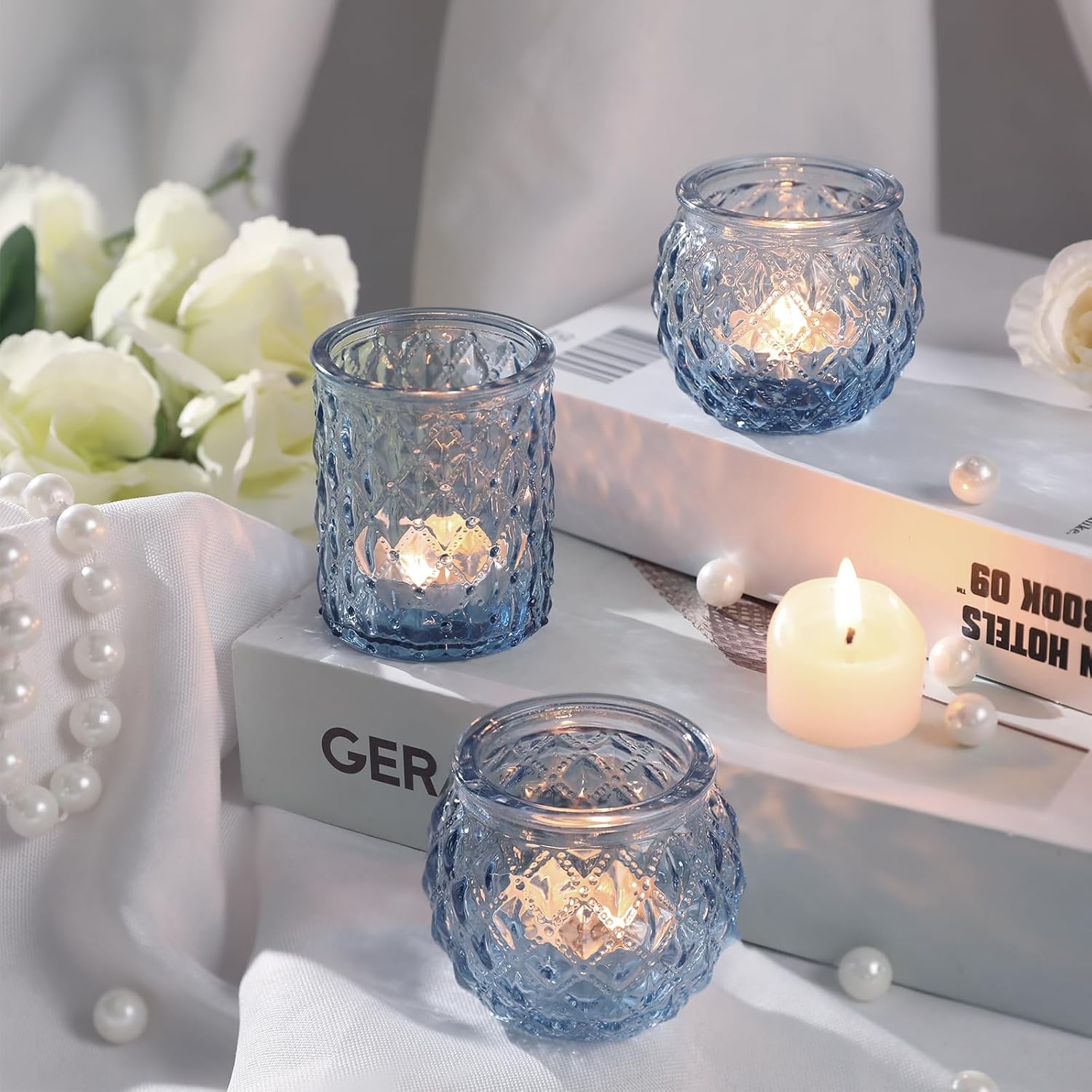 DARJEN Blue Glass Votive Candle Holders Set of 24