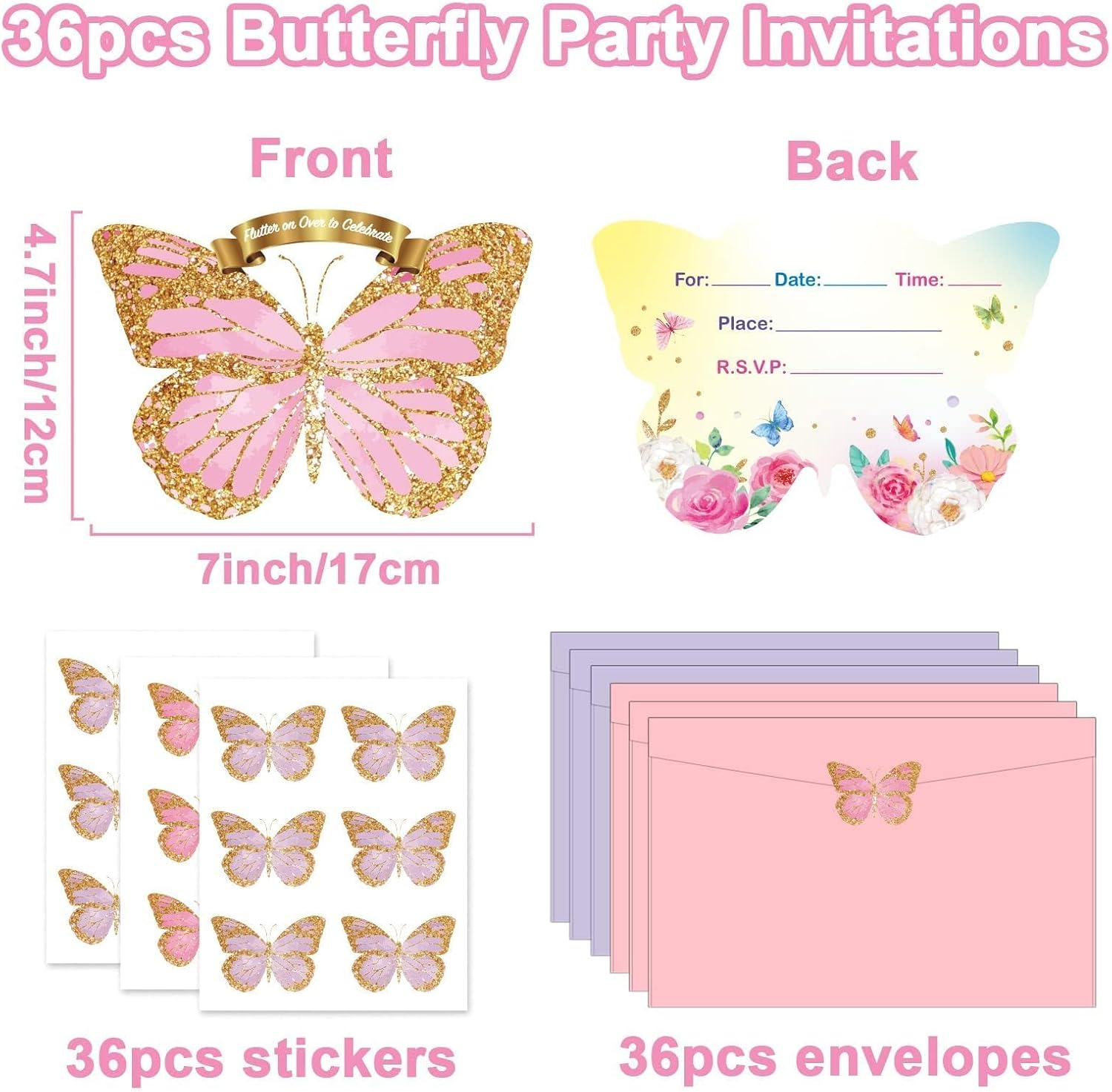 36pcs Butterfly Birthday Invitations with Envelopes