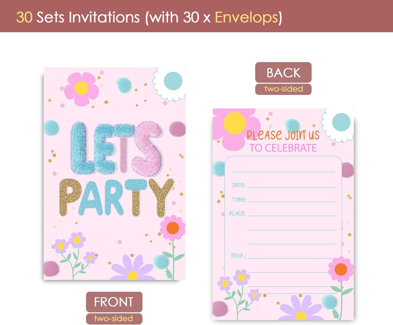 Preppy Patches Birthday Invites for Girls 30 Sets with Envelopes