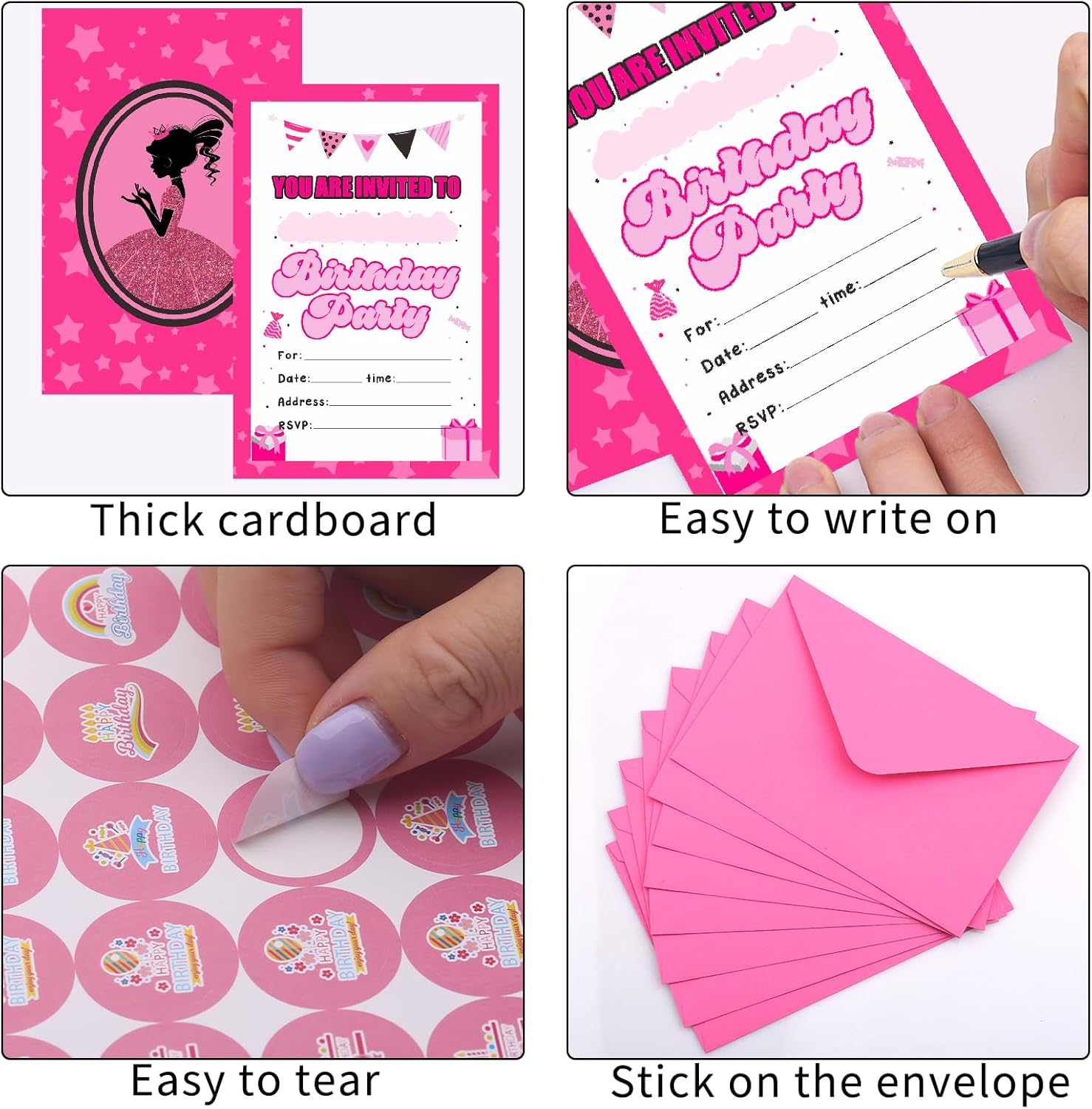 30 Pack Pink Birthday Invites for Girls with Envelopes and Stickers