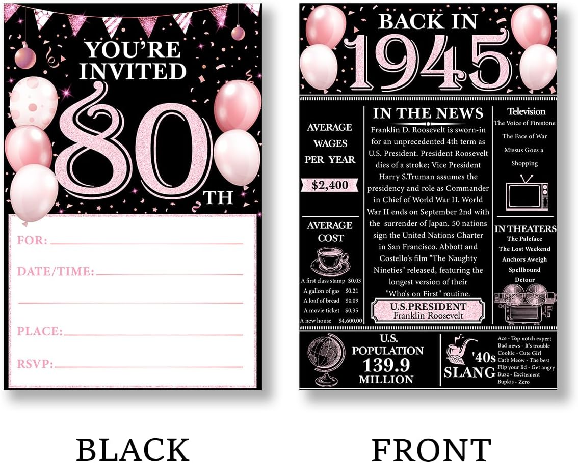80th Birthday Invitations Set with Envelopes - Pink Design 1945 Theme