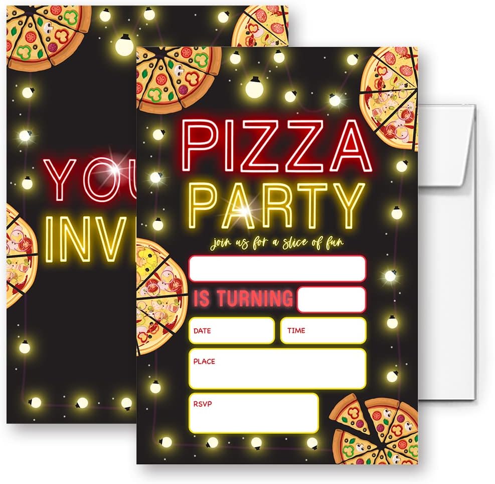 Glow Neon Pizza Birthday Invitations Set of 20