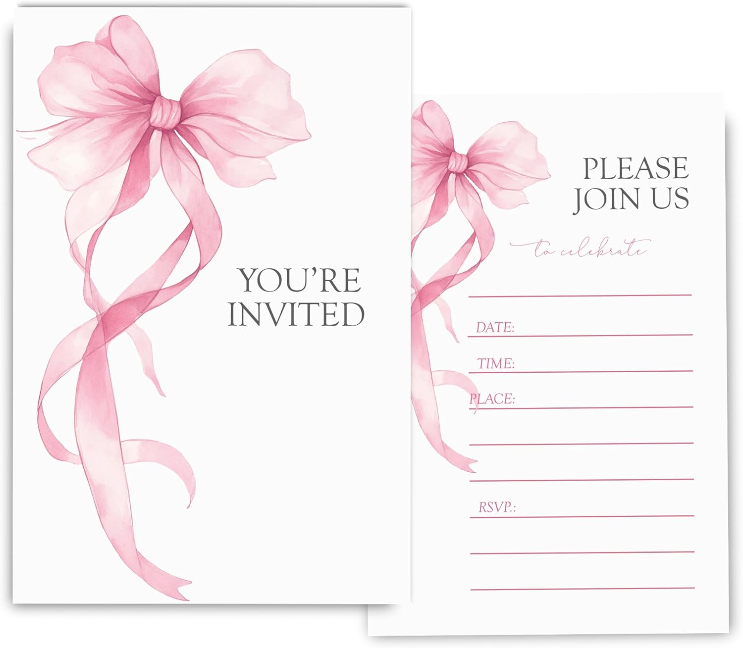 Pink Bow Birthday Invitations for Girls 4x6 30 Sets with Envelopes
