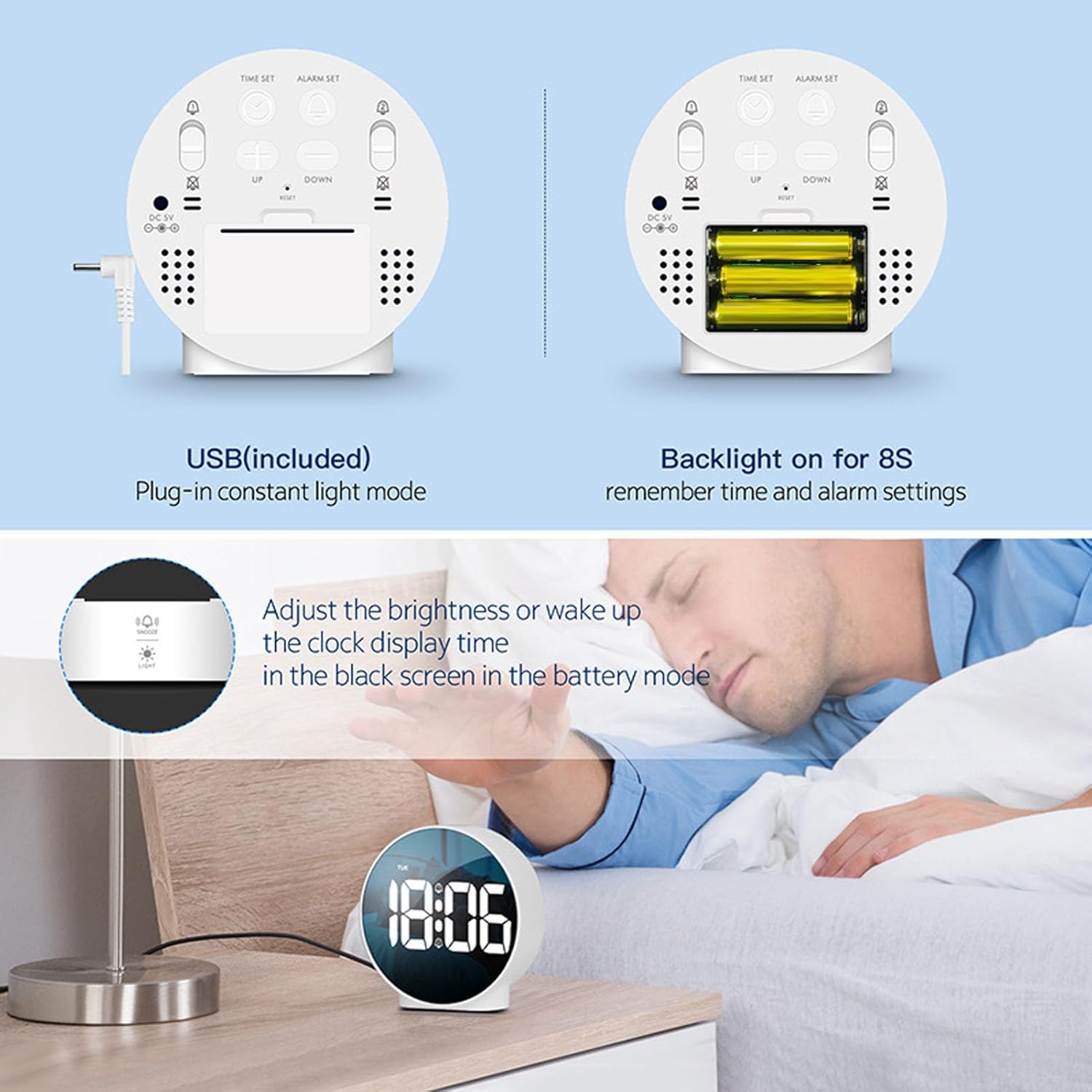 LED Digital Clock with Dual Alarm and 3 Brightness Levels