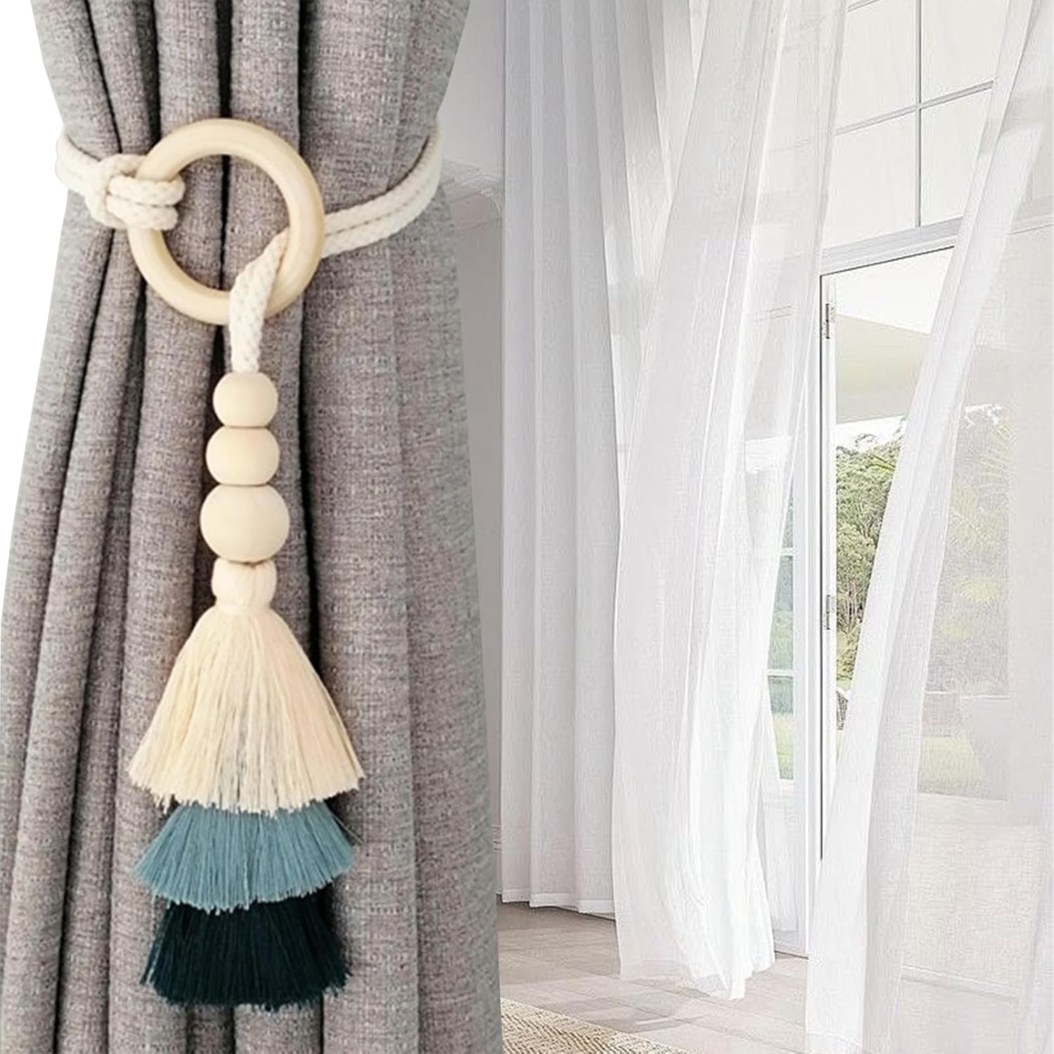 2pcs Wooden Bead Curtain Tiebacks Bohemian Decor Blue