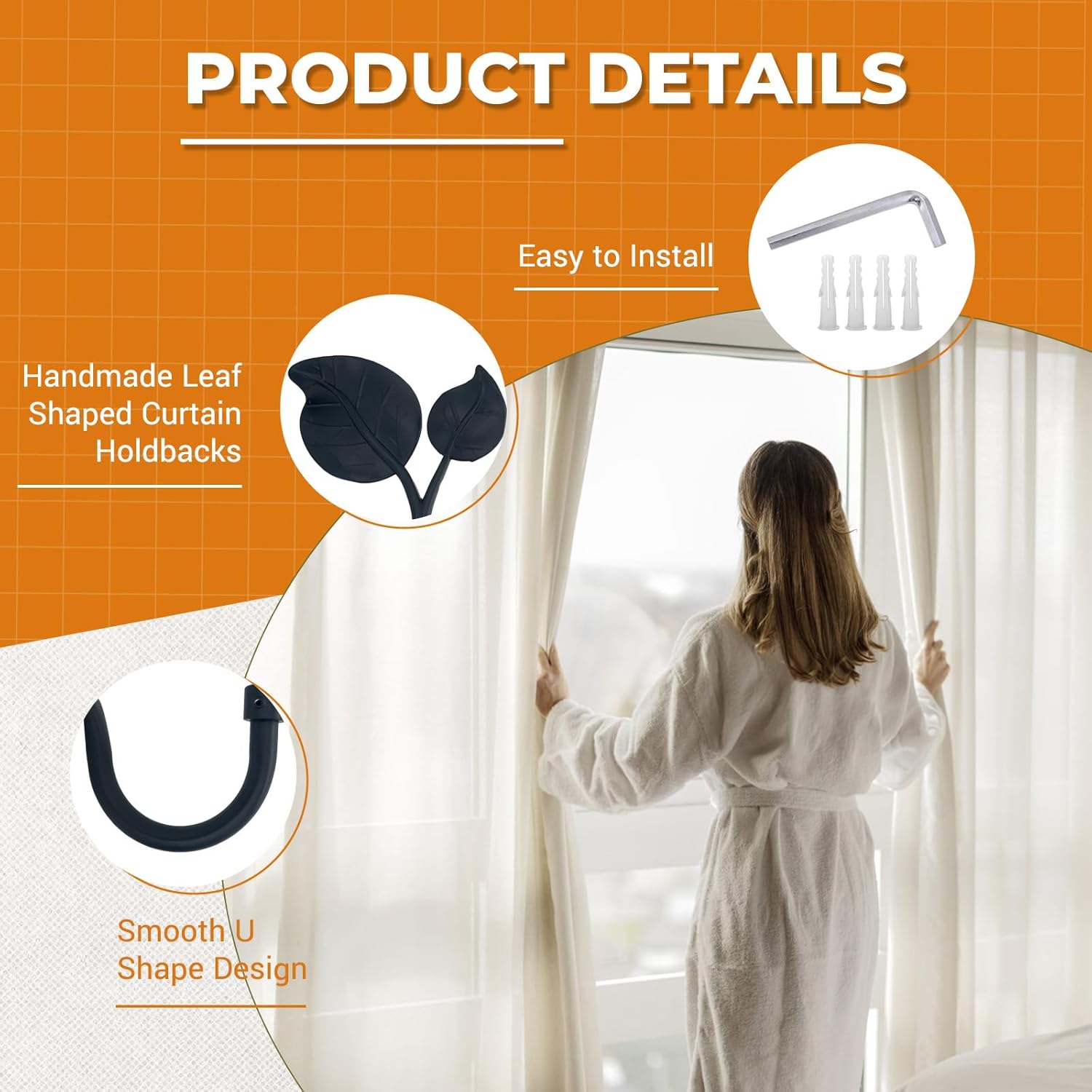 Premium Metal Leaf Curtain Holdbacks 2 Pack Matte Black Heavy Duty Hooks
