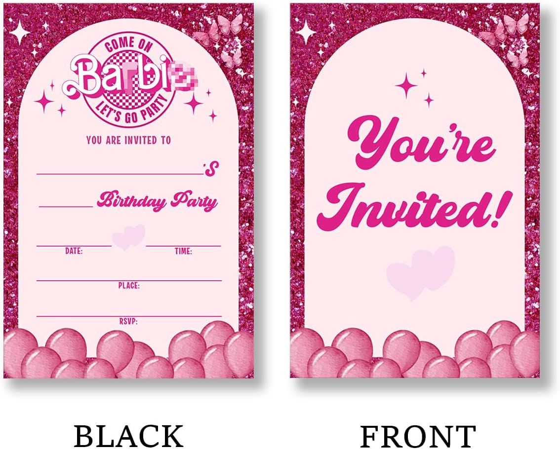 Pink Doll Birthday Party Invitations with Envelopes Set of 20