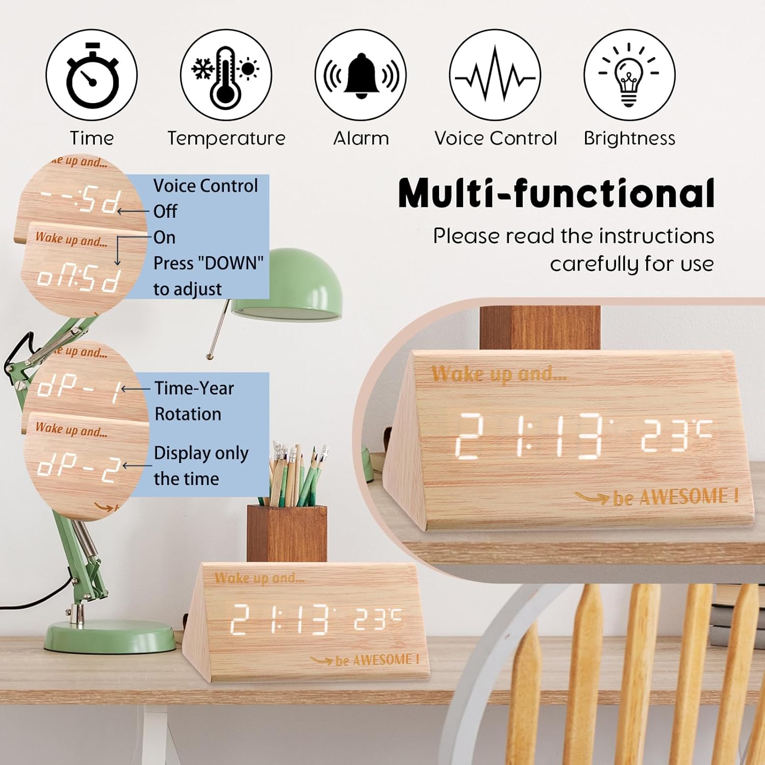 Wooden Digital Alarm Clock with LED Display and Temperature Sensor