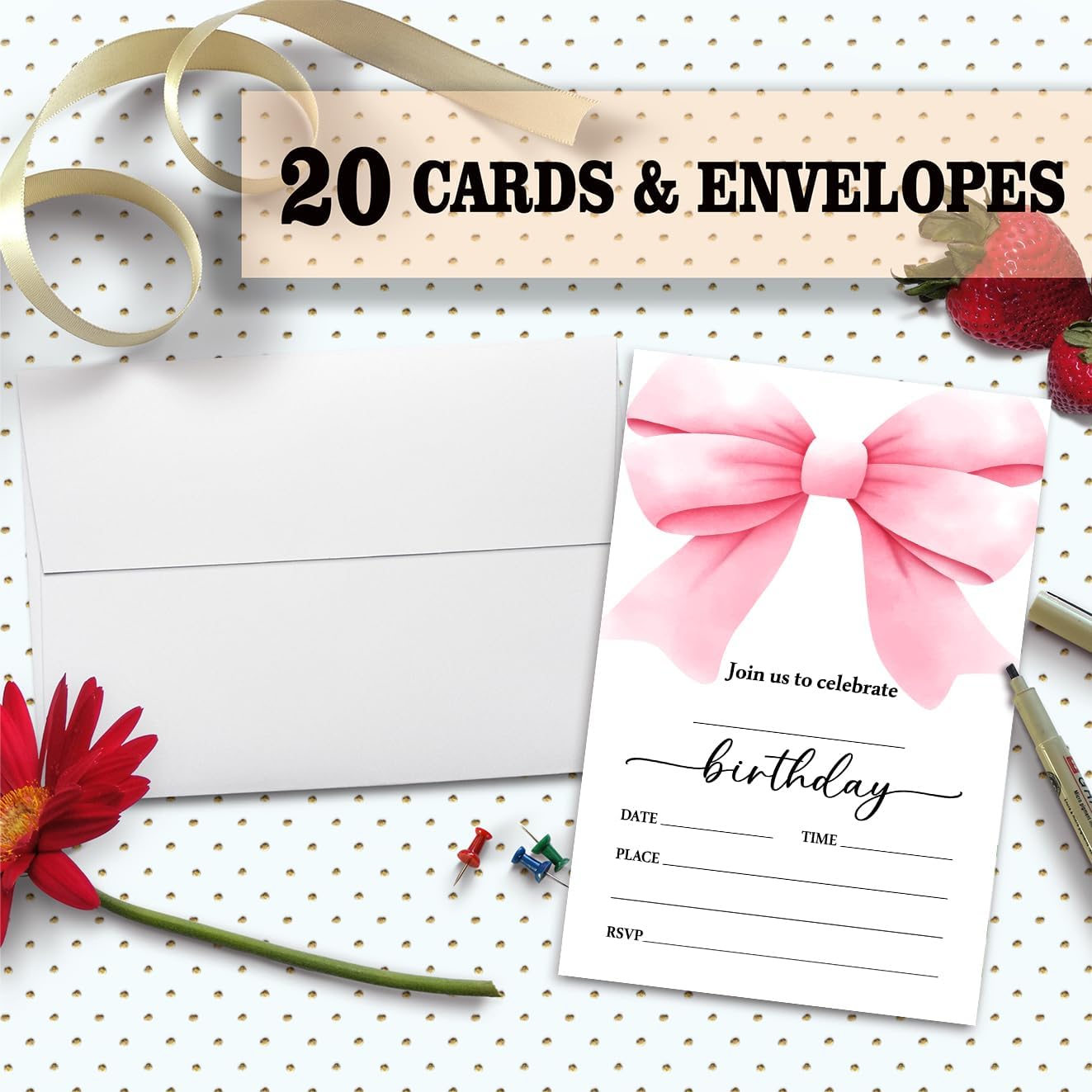 Pink Bow Birthday Invitation Cards for Girls Adults Teens Set 03