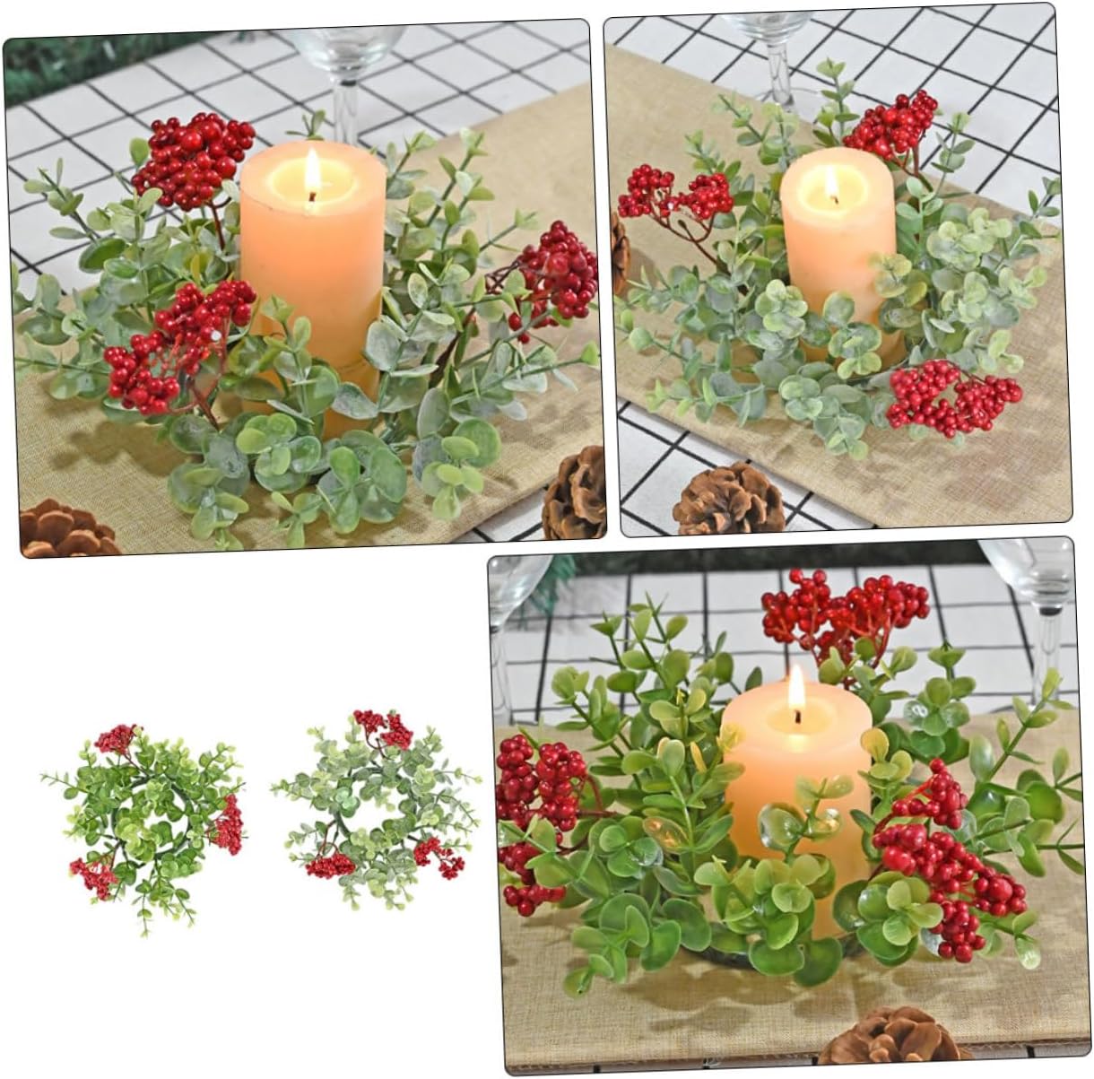 2pcs Eucalyptus Red Berry Candle Christmas Wreaths for Party