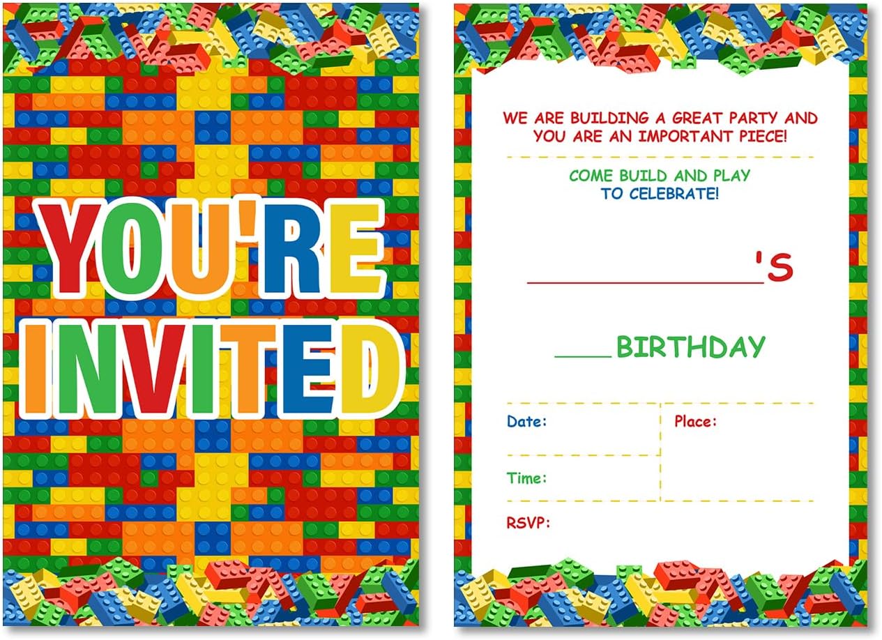 Soiceu Building Blocks Birthday Invitations Set of 20