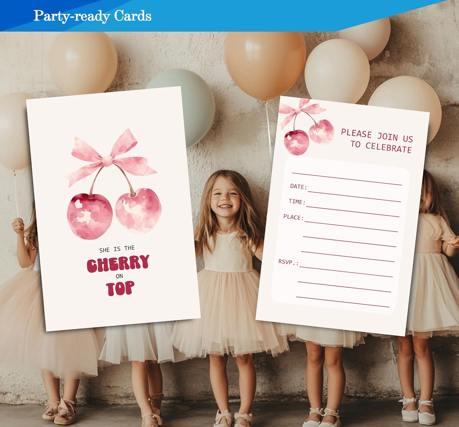 Pink Bow Cherry Birthday Invitations for Girls 4x6 30 Sets