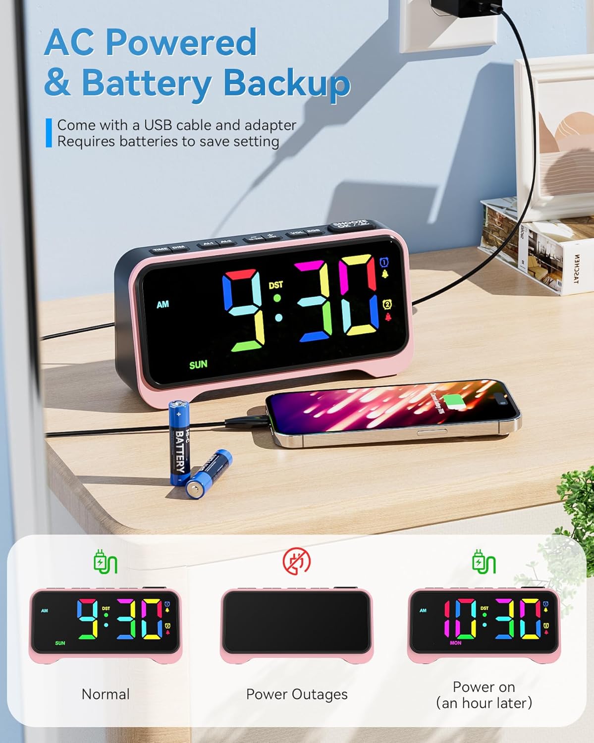 Kids Alarm Clock with RGB Night Light and Dual Alarm