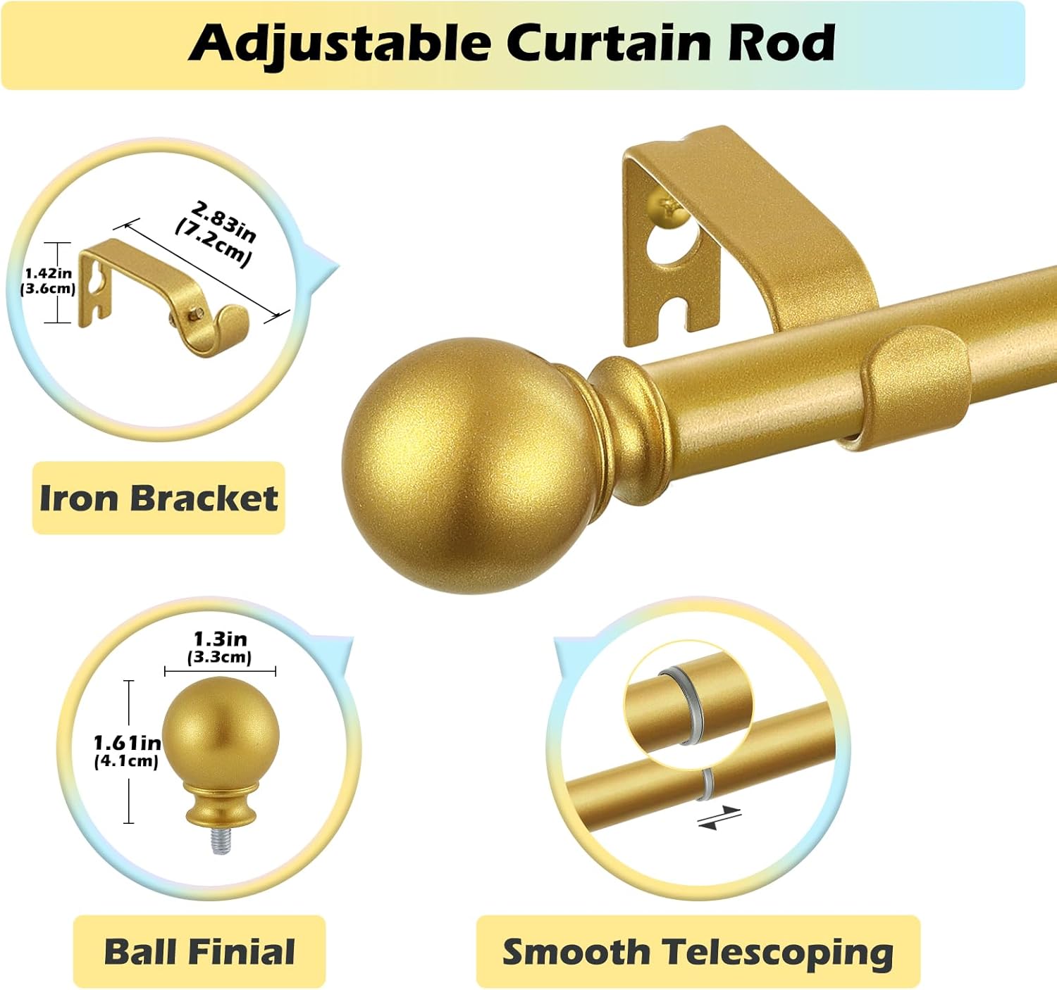 Gold Curtain Rods 18-45 Set with Finials and Brackets