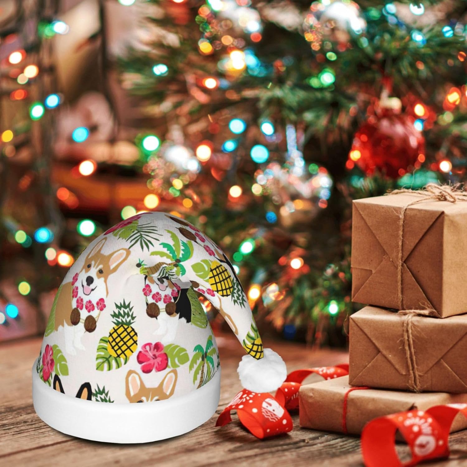 Corgi Pineapple Print LED Christmas Hat for Adults