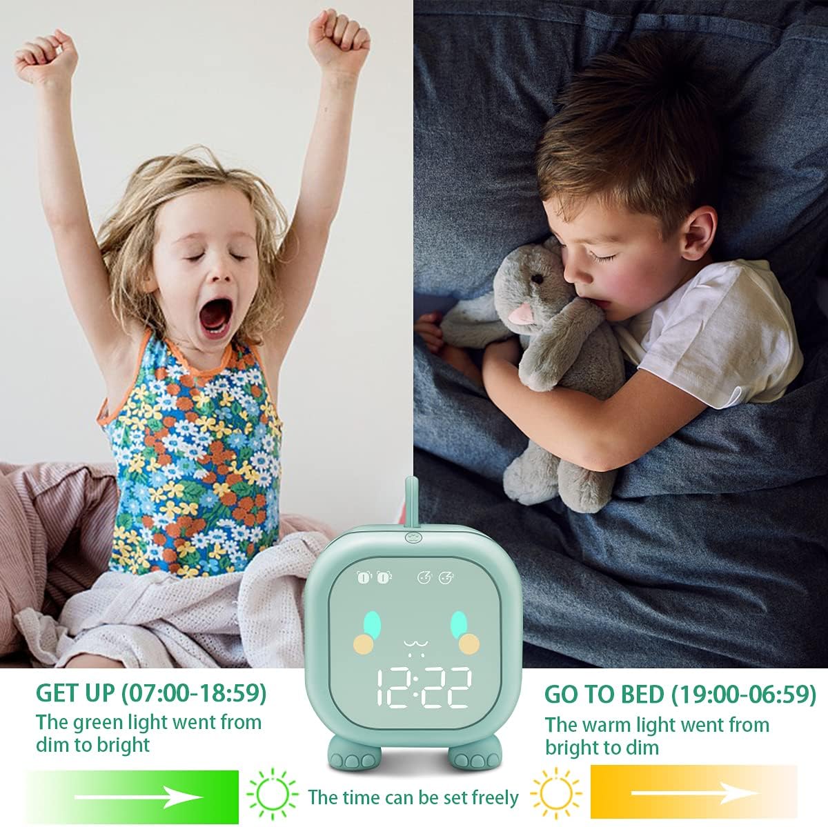 Kids Dinosaur Alarm Clock with Wake Up Light and Night Light USB Charging