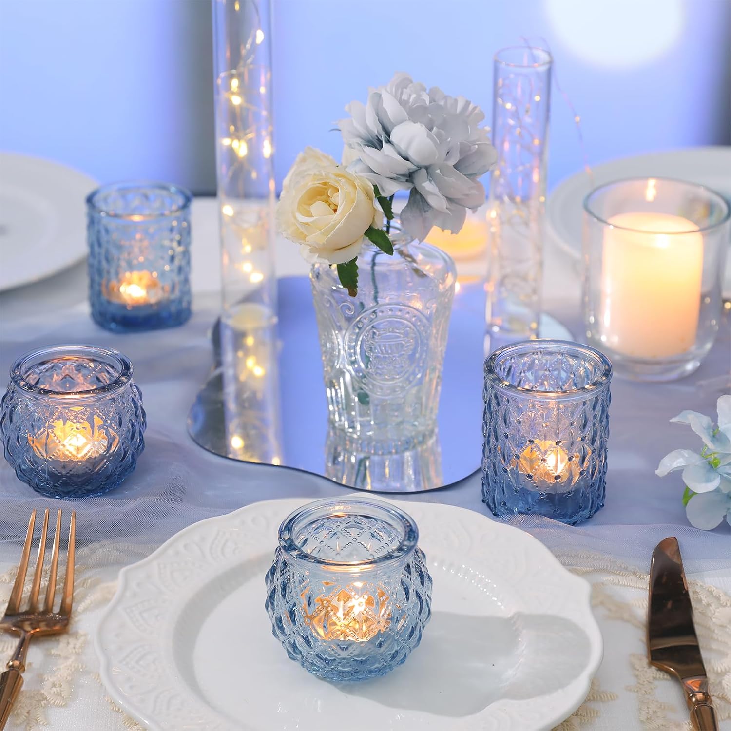 DARJEN Blue Glass Votive Candle Holders Set of 24