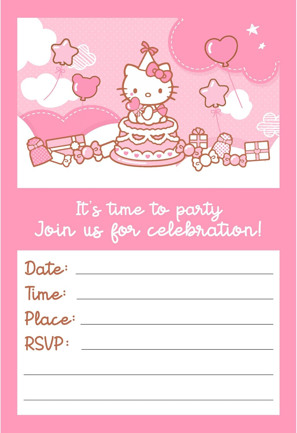 Set of 20 Cute Pink Cat Birthday Invites with Envelopes