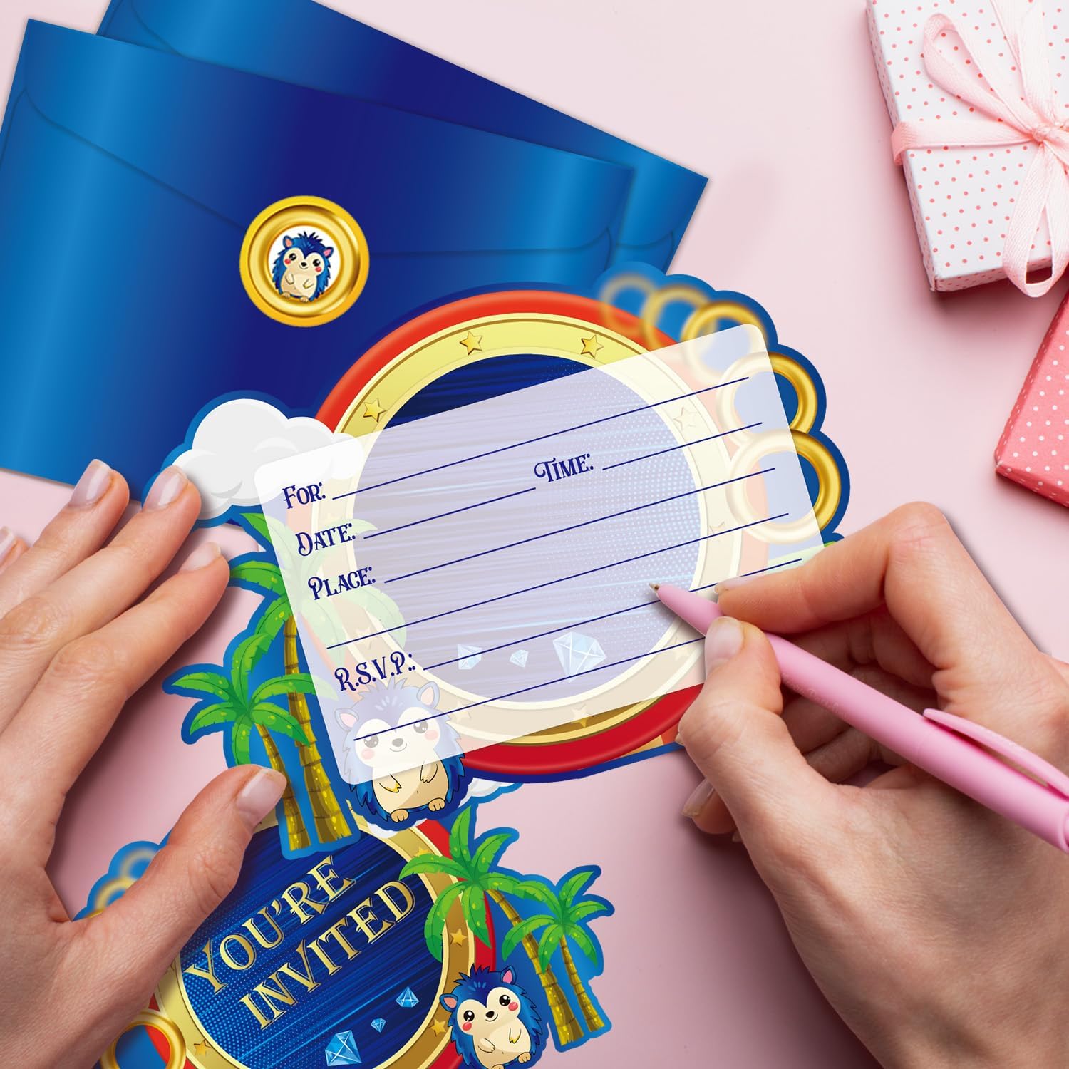 GZDUCK 20Pcs Blue Hedgehog Birthday Invitations