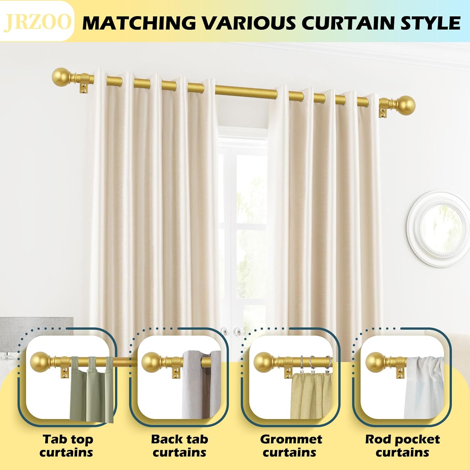Gold Curtain Rods 18-45 Set with Finials and Brackets