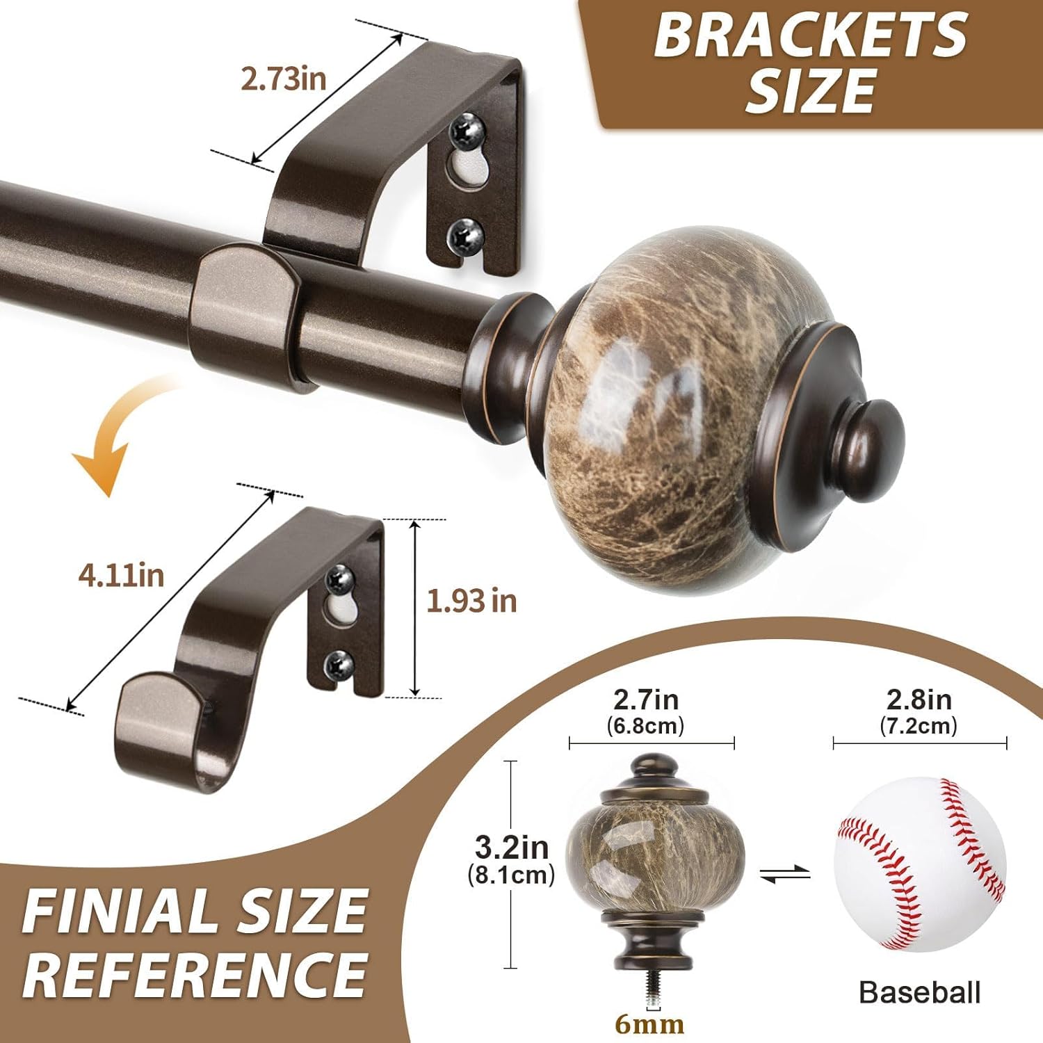KAMANINA 1 Inch Bronze Curtain Rods 72-144 Inches Adjustable Heavy Duty