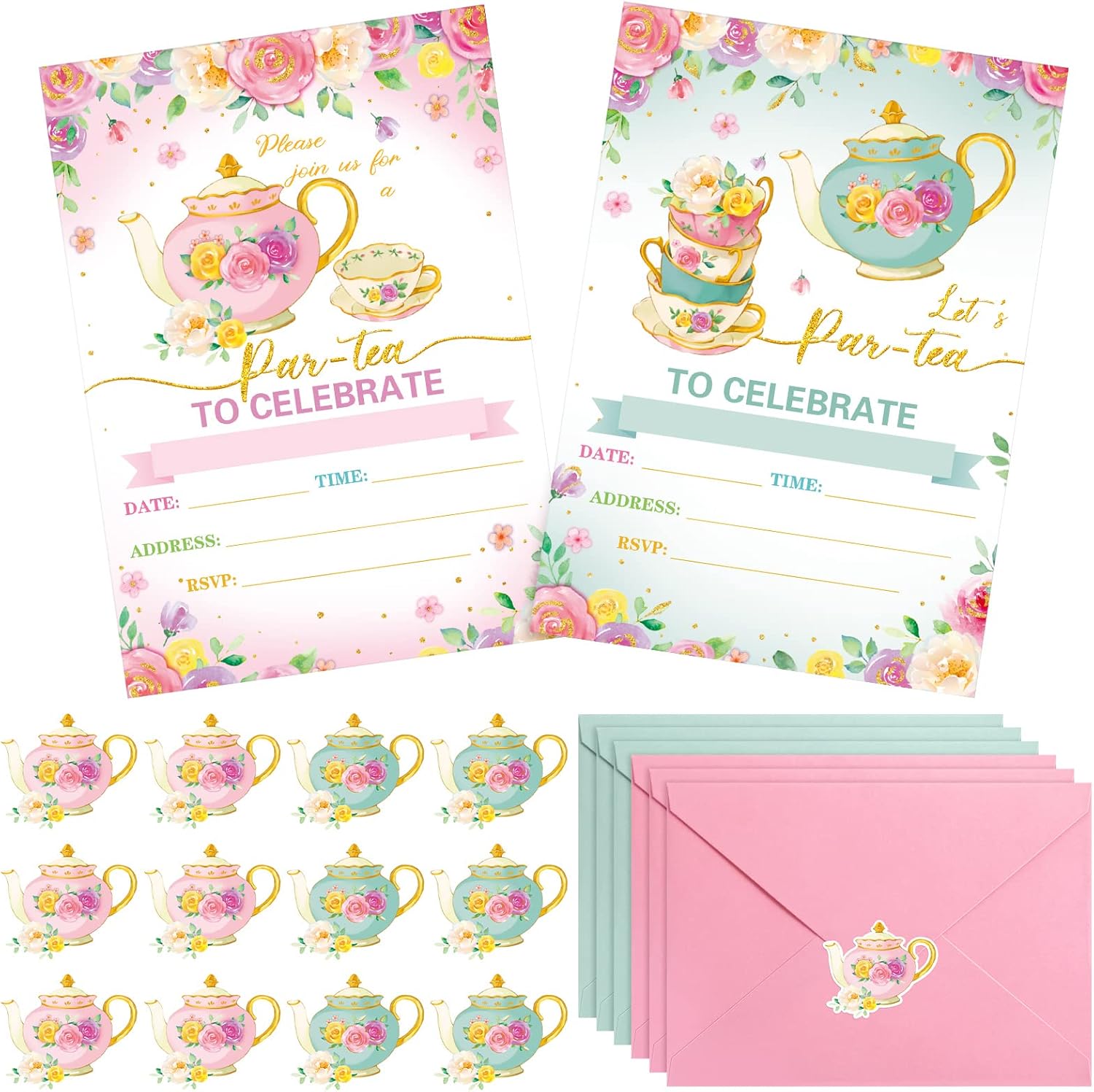 Geyoga 24 Pcs Tea Party Invites with Envelopes and Stickers