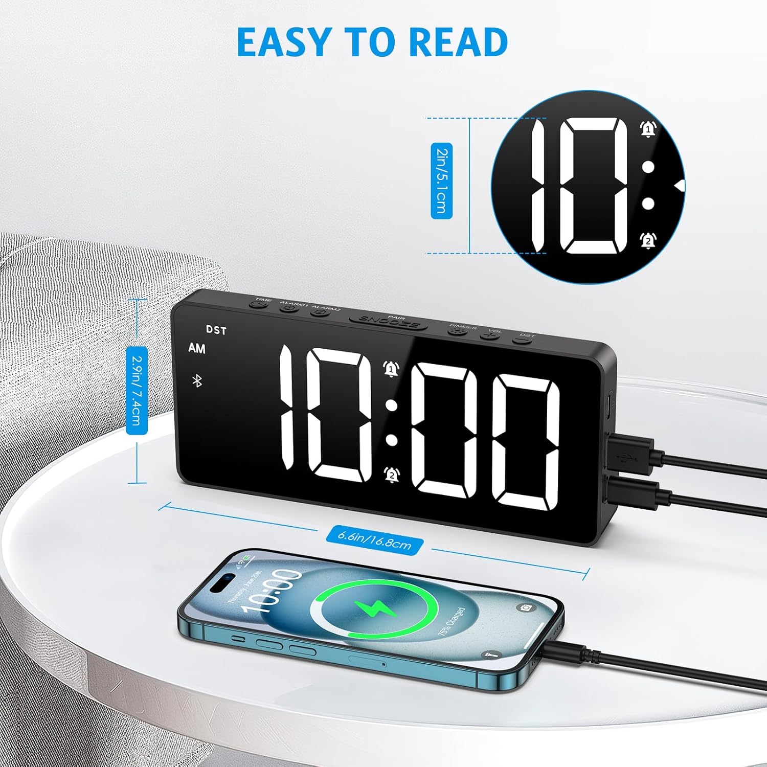AMIR Alarm Clock for Bedroom with Bluetooth Sync and USB Charging