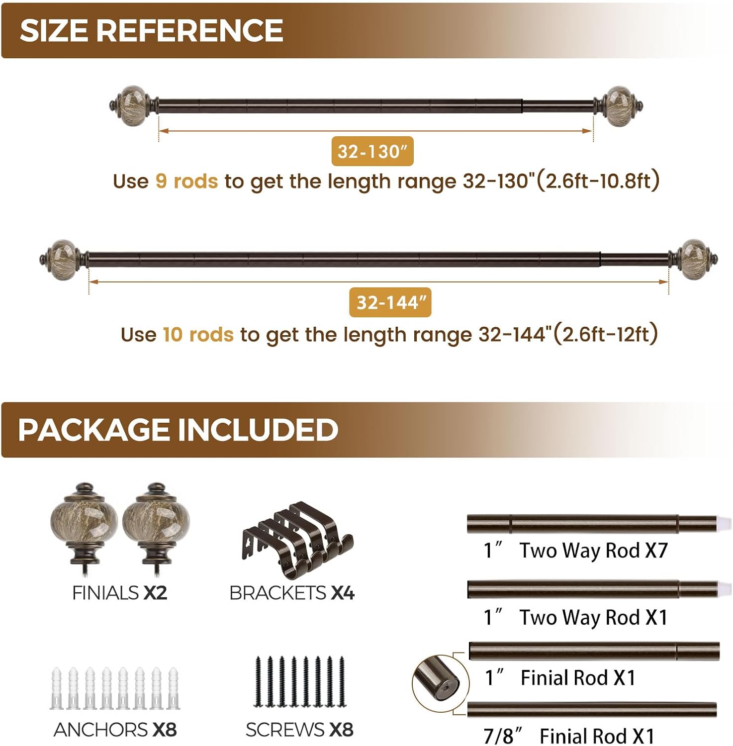 KAMANINA 1 Inch Bronze Curtain Rods 72-144 Inches Adjustable Heavy Duty