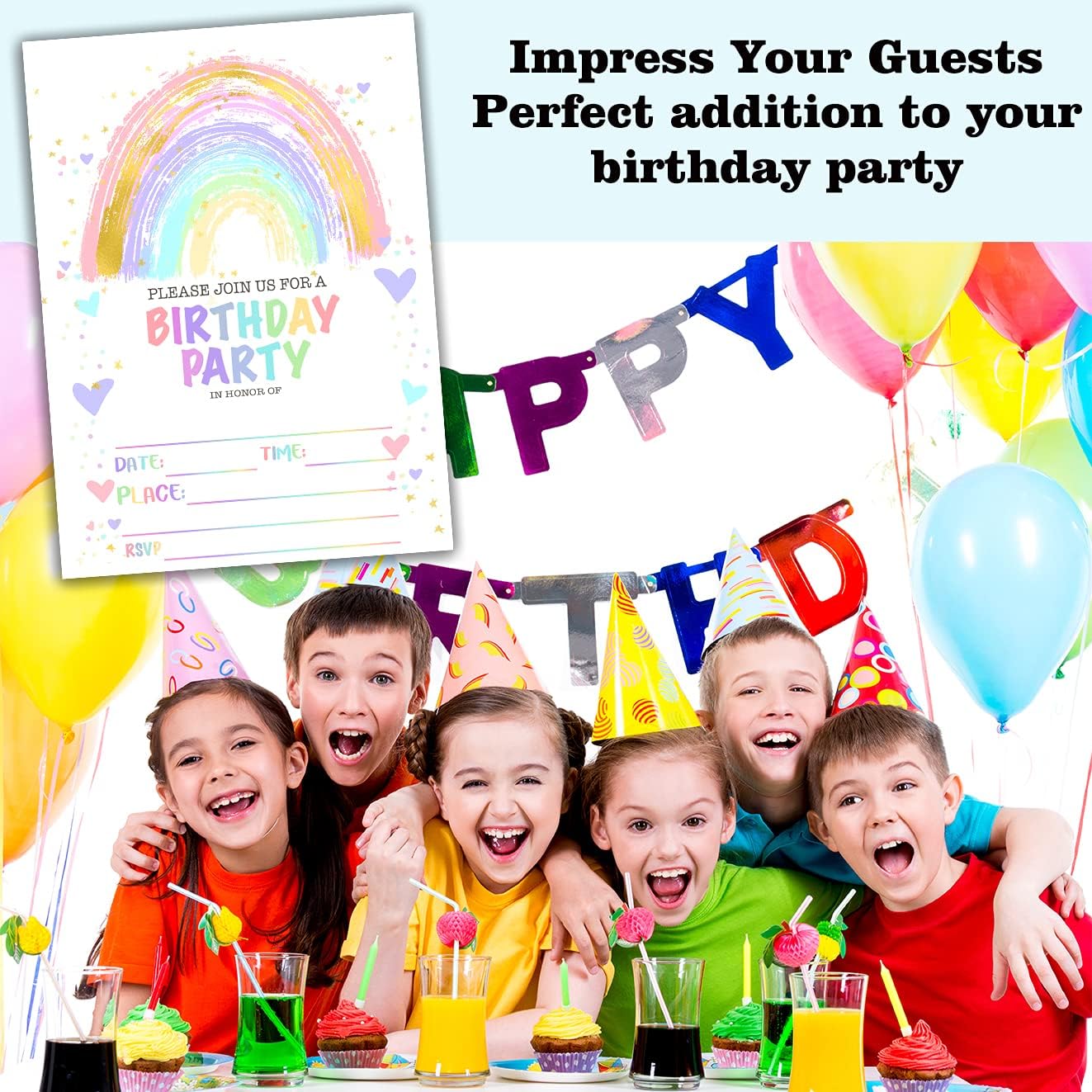 Rainbow Birthday Party Invitation Cards - 20 Pack