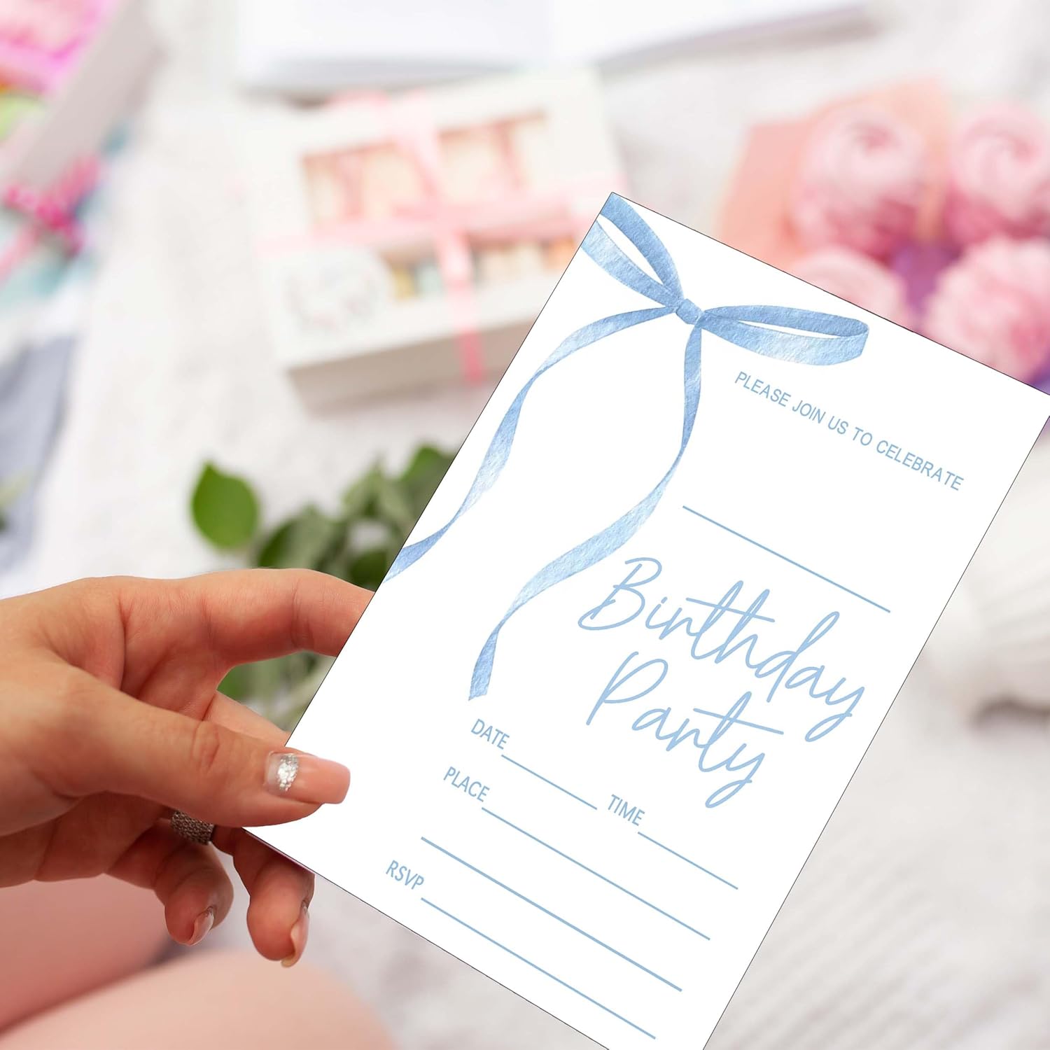 SIXEIGHT Blue Bow Birthday Invitations 4x6