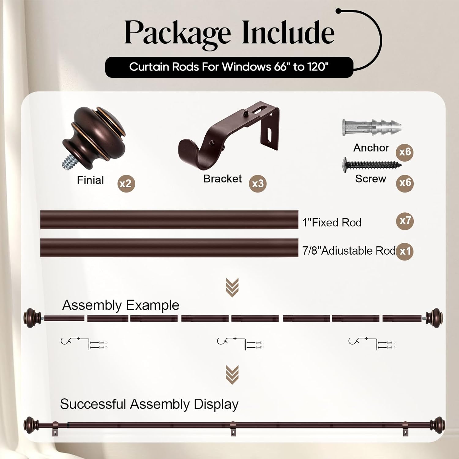 Heavy Duty Bronze Curtain Rods 28 to 120 Inches with Adjustable Finials