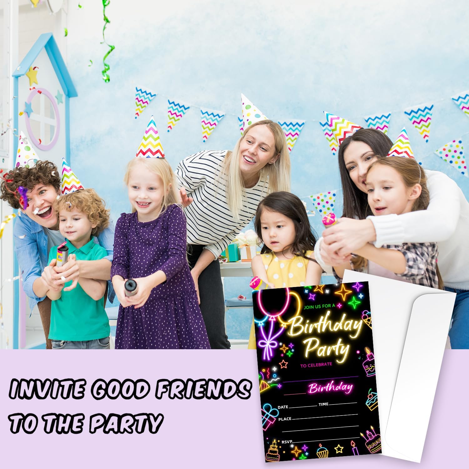 Zodvery Neon Birthday Party Invitations Cards 20pcs Set