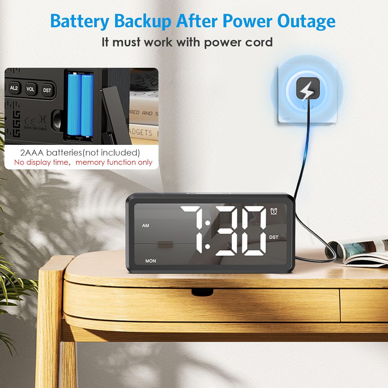 AMIR Wooden Alarm Clock with 2 Alarms and USB Charging