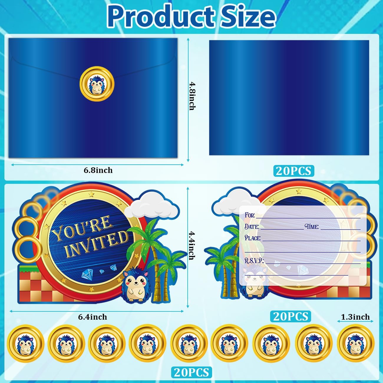 GZDUCK 20Pcs Blue Hedgehog Birthday Invitations