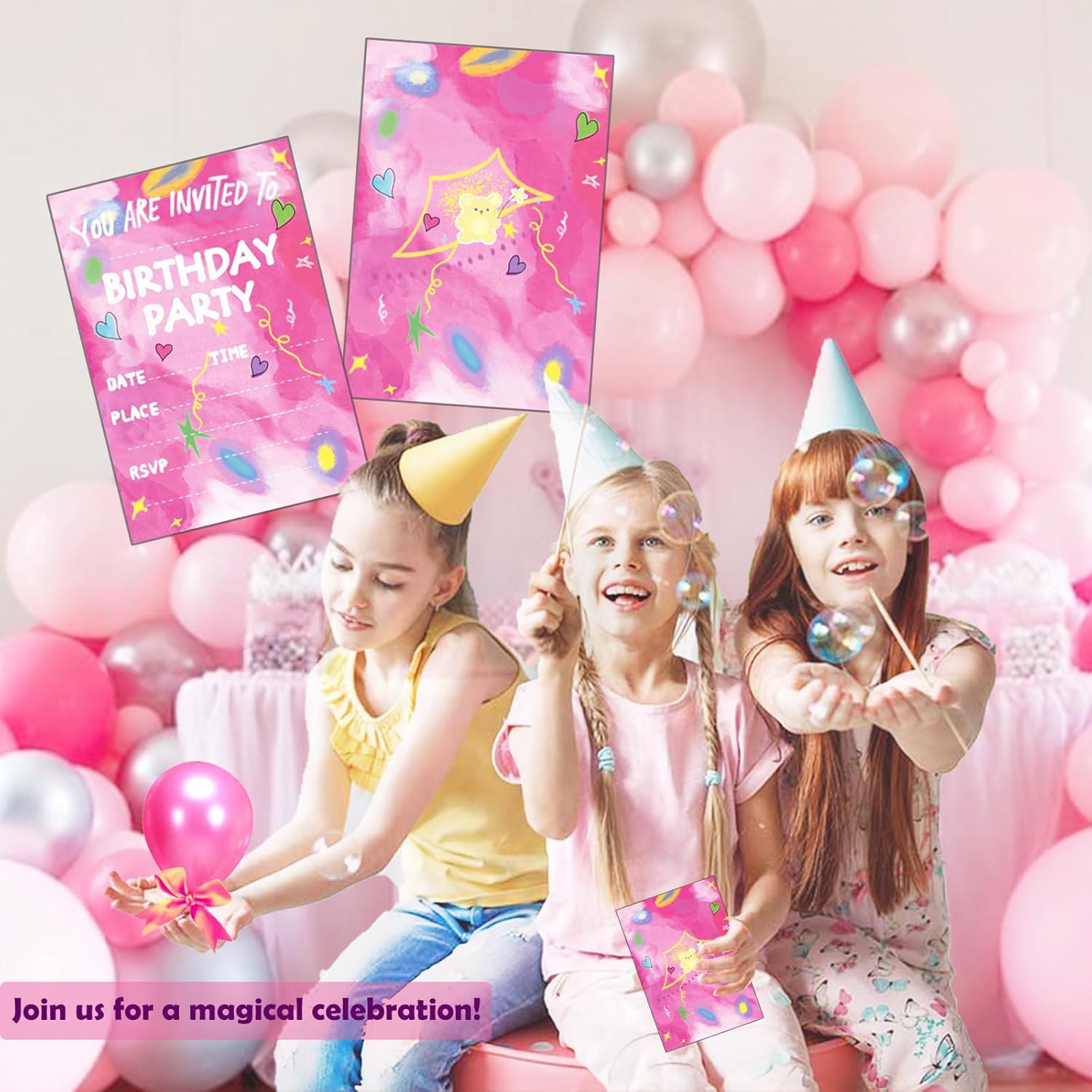Raykeeplus Birthday Invitations for Girls 20 Cards with Envelopes - Pink