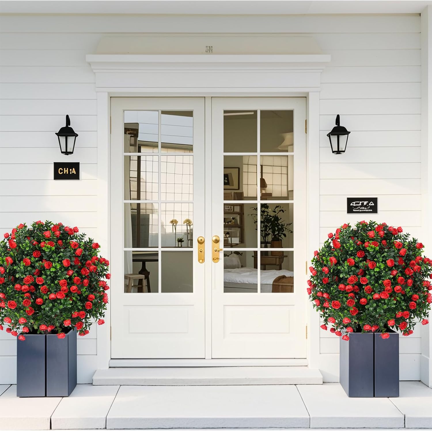 EverNature Artificial Topiary Ball with Red Rose 2 Set UV Resistant Fake Plants