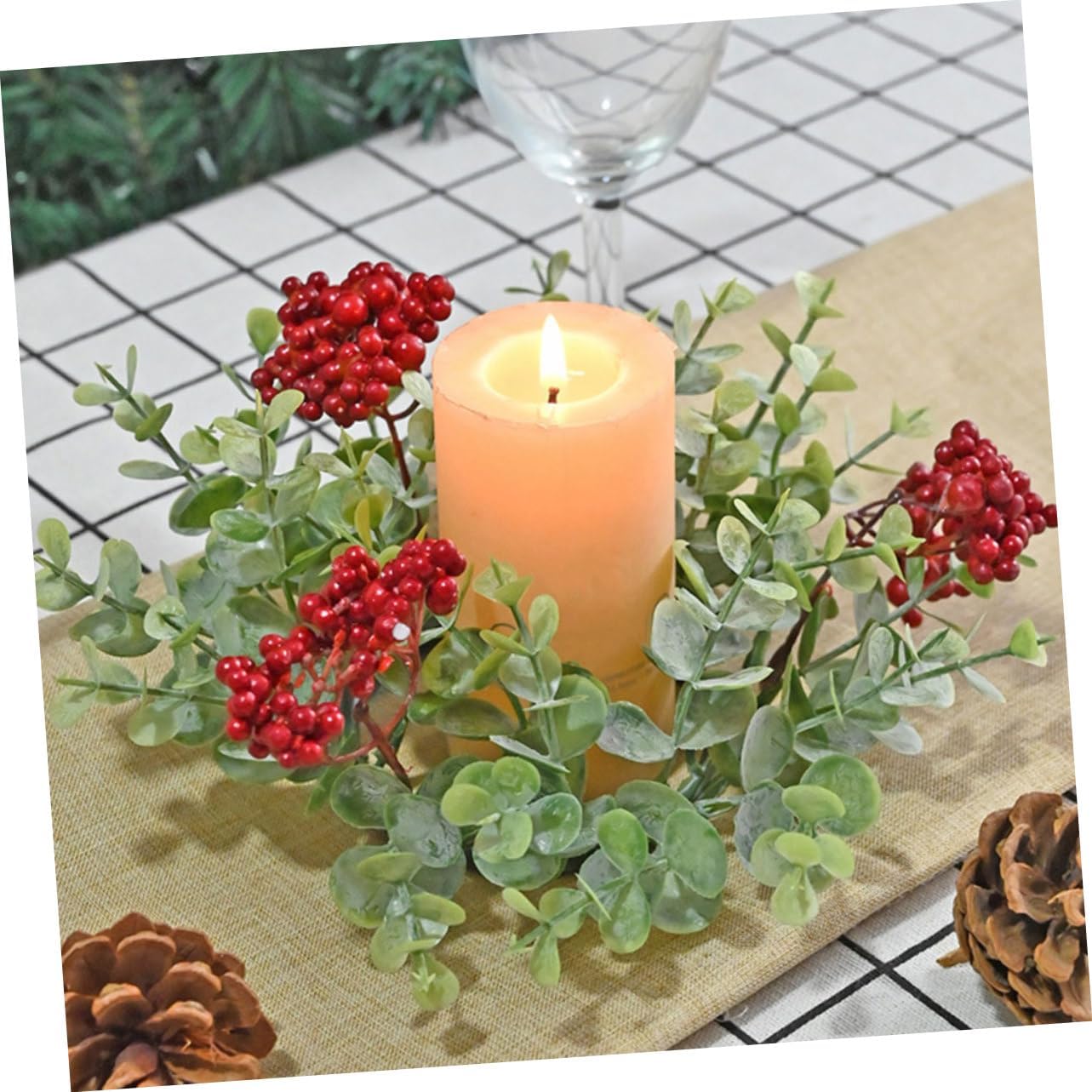 2pcs Eucalyptus Red Berry Candle Christmas Wreaths for Party