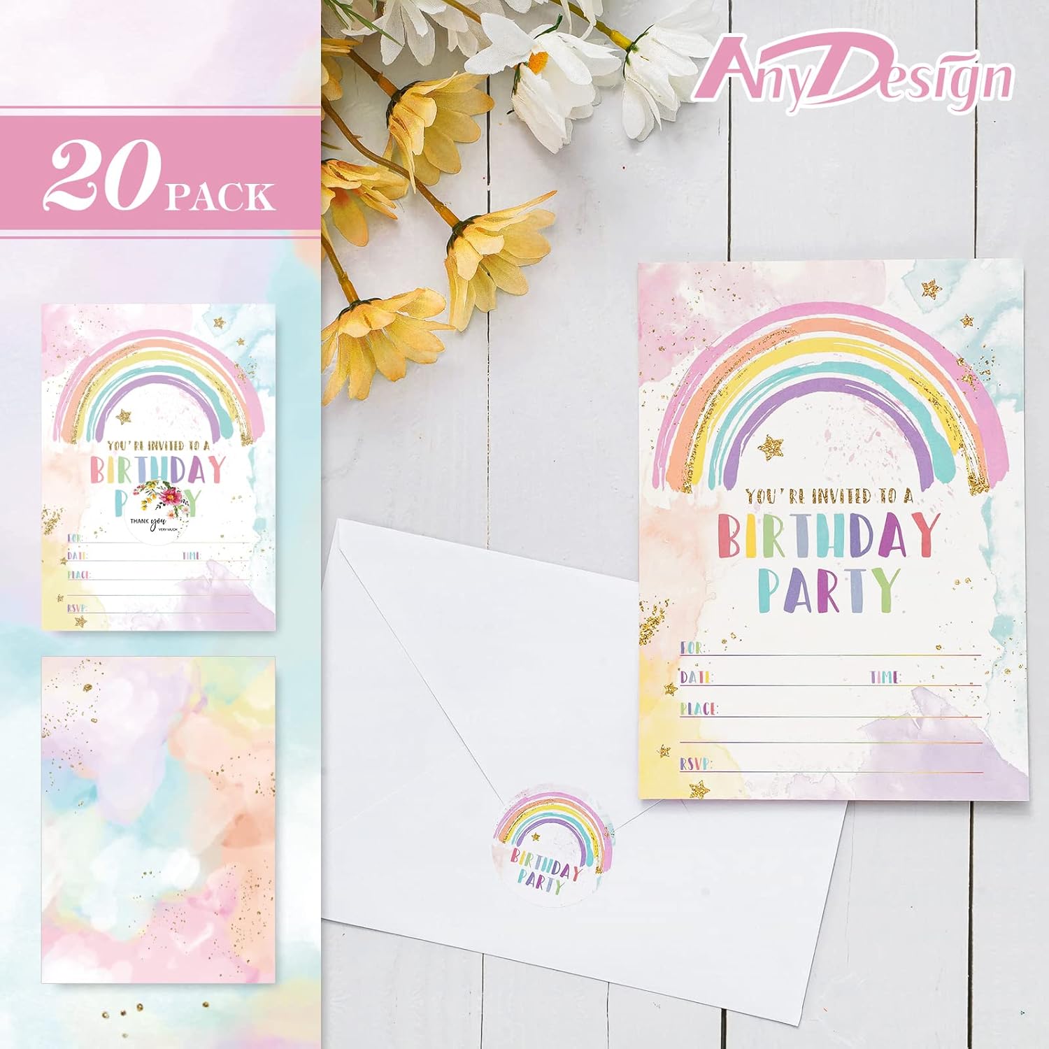 Rainbow Birthday Invitations with Envelopes Set of 20