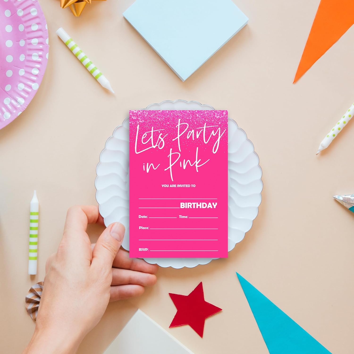 Lets Party Birthday Invites in Pink - 20pcs with Envelopes