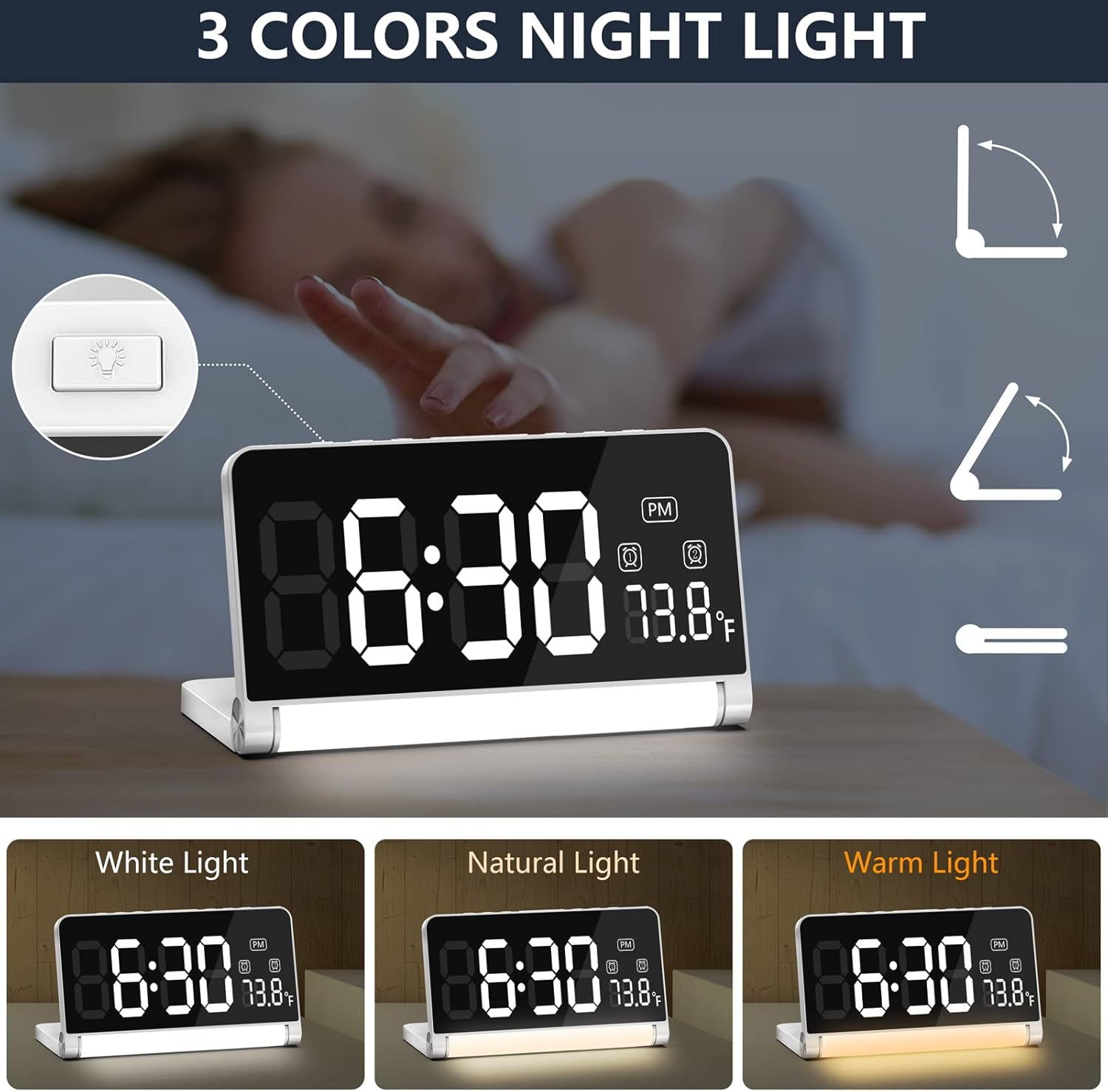 Digital Alarm Clock with Wireless Charging and Night Light for Bedroom