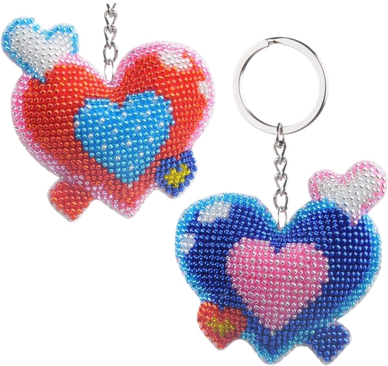Beaded Heart Keychain for Couples - Red Blue Cross Stitch Charm