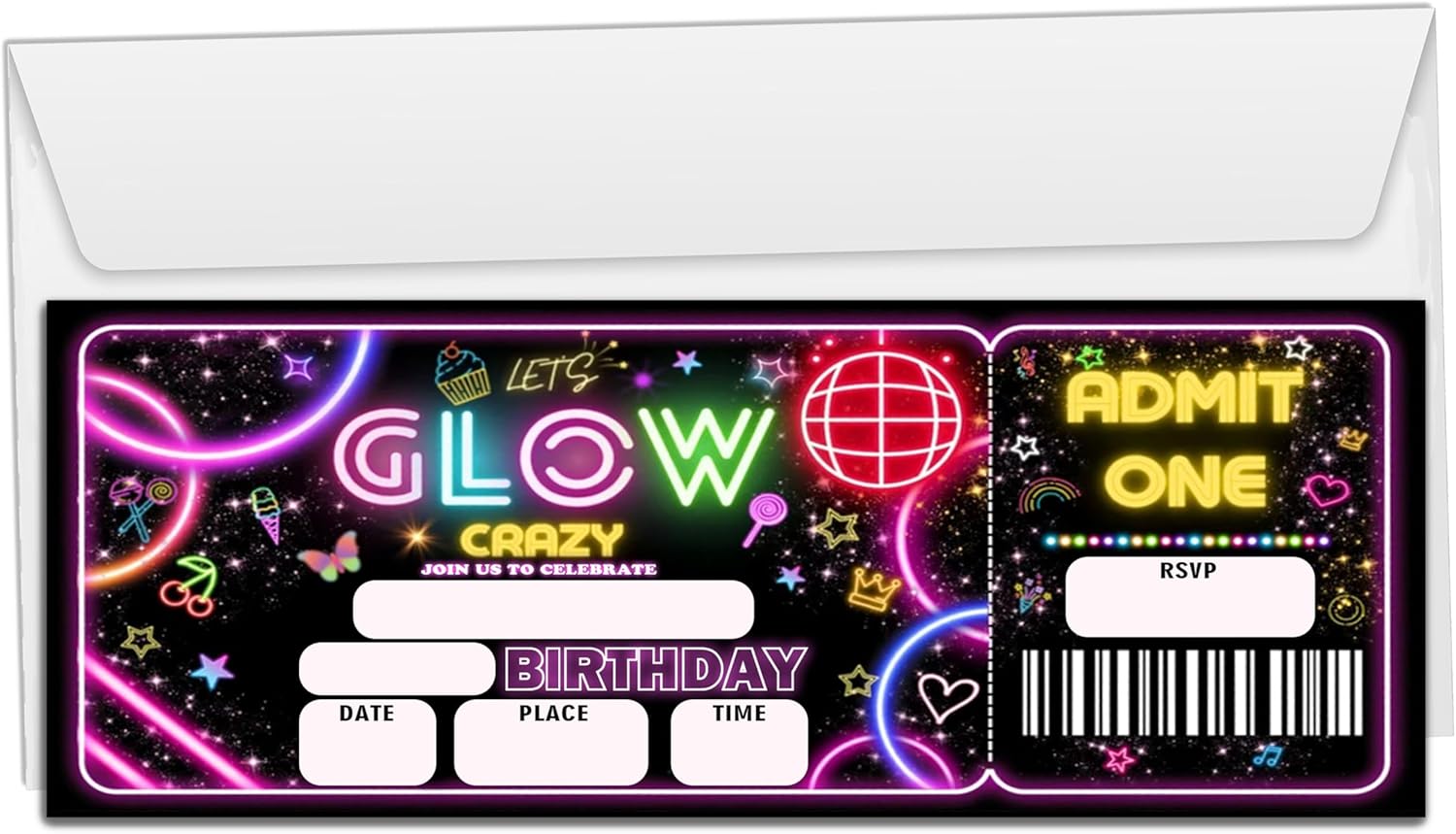 Crazy Birthday Neon Party Invitation Cards 20pcs 3x8 Inch