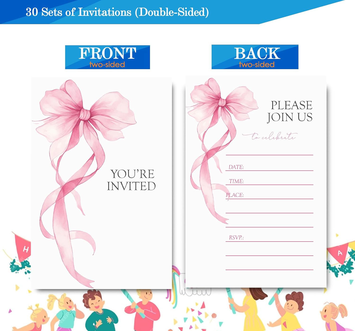 Pink Bow Birthday Invitations for Girls 4x6 30 Sets with Envelopes