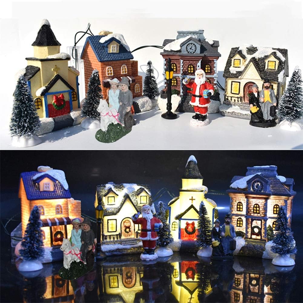Forart 10Pcs Resin Christmas Village Set with LED Lights