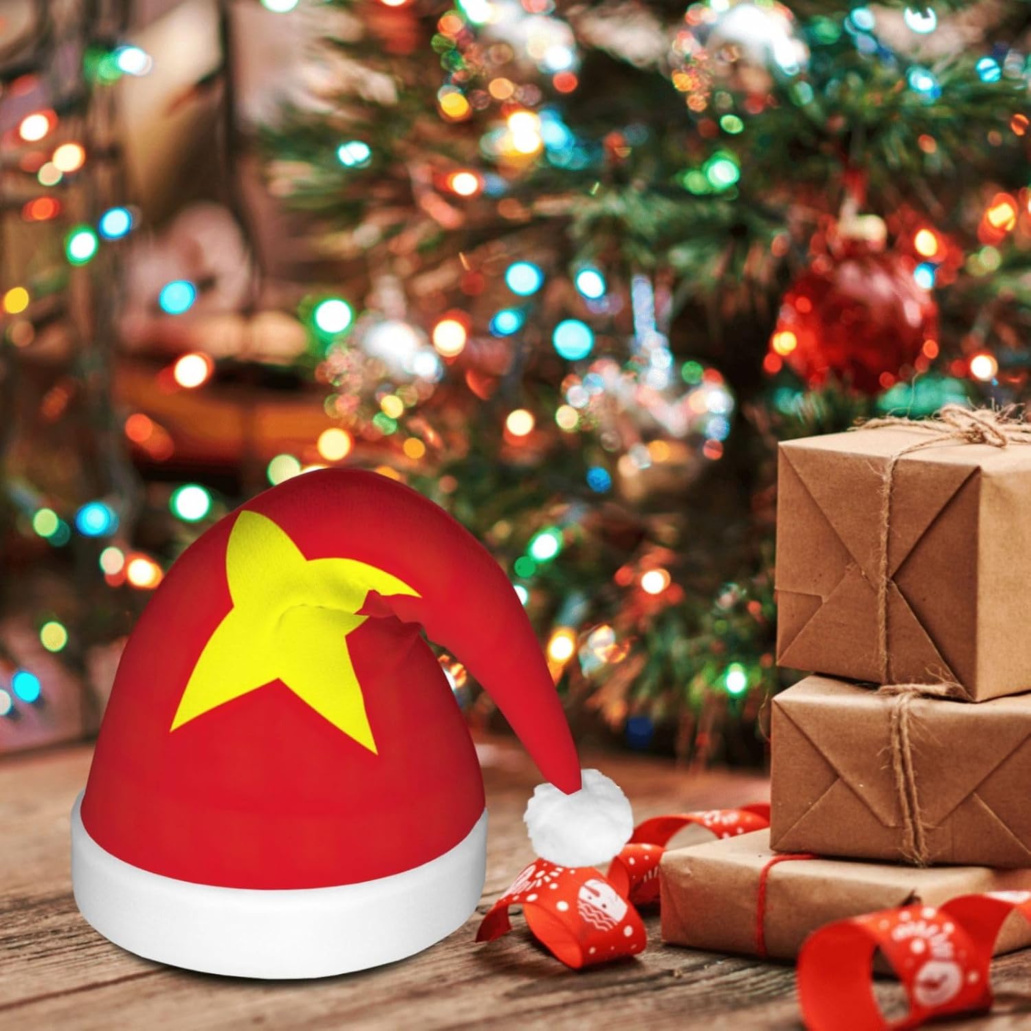 Vietnamese Flag Print Christmas Hat with LED Lights
