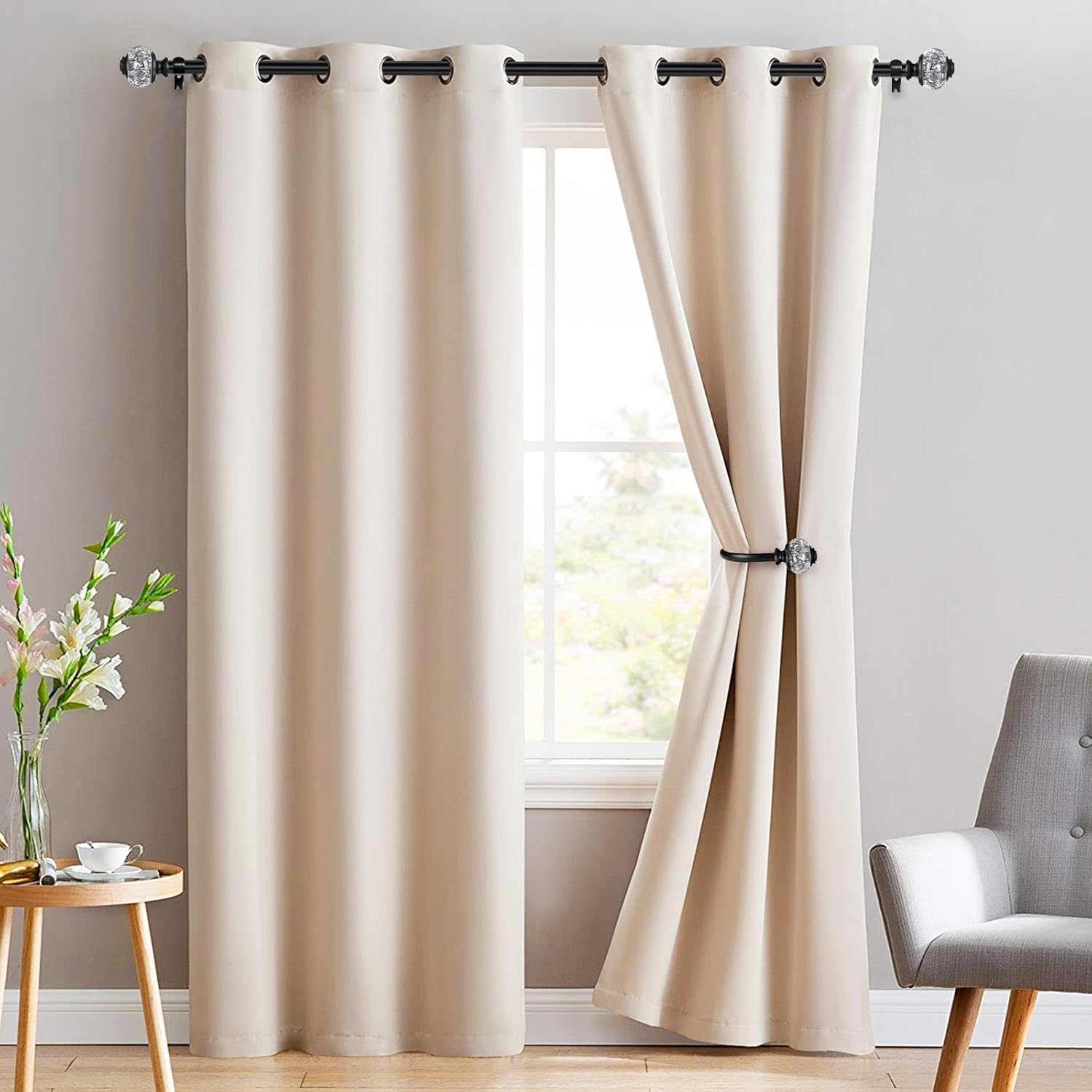 2 Pack Black Curtain Holdbacks with Crystal Finials