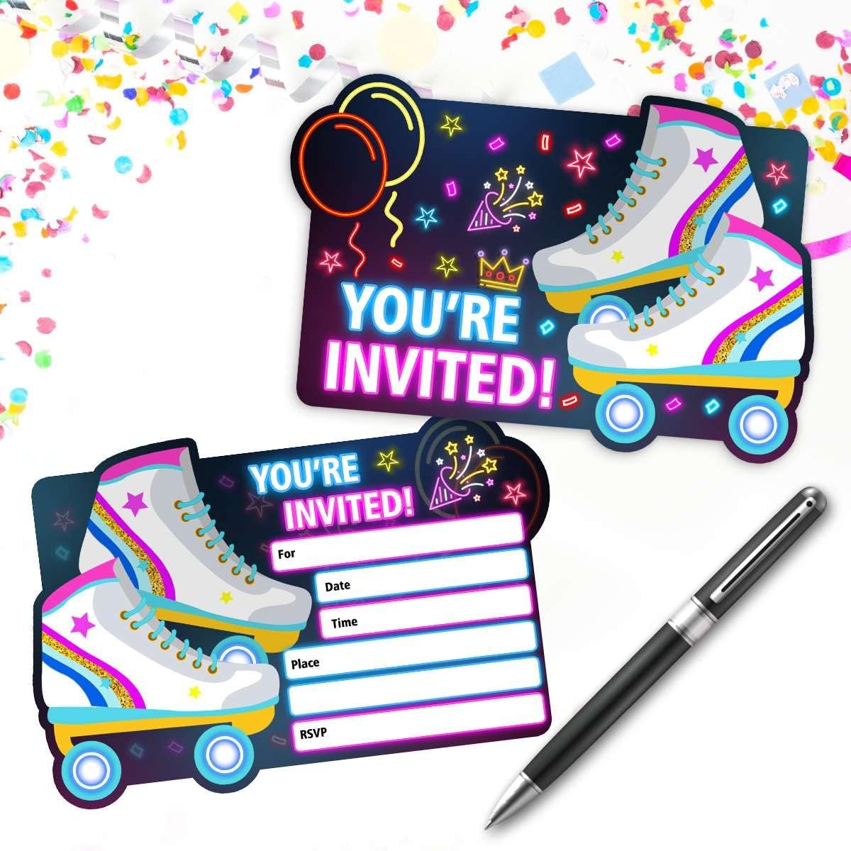 Neon Roller Skating Birthday Invitations for Girls