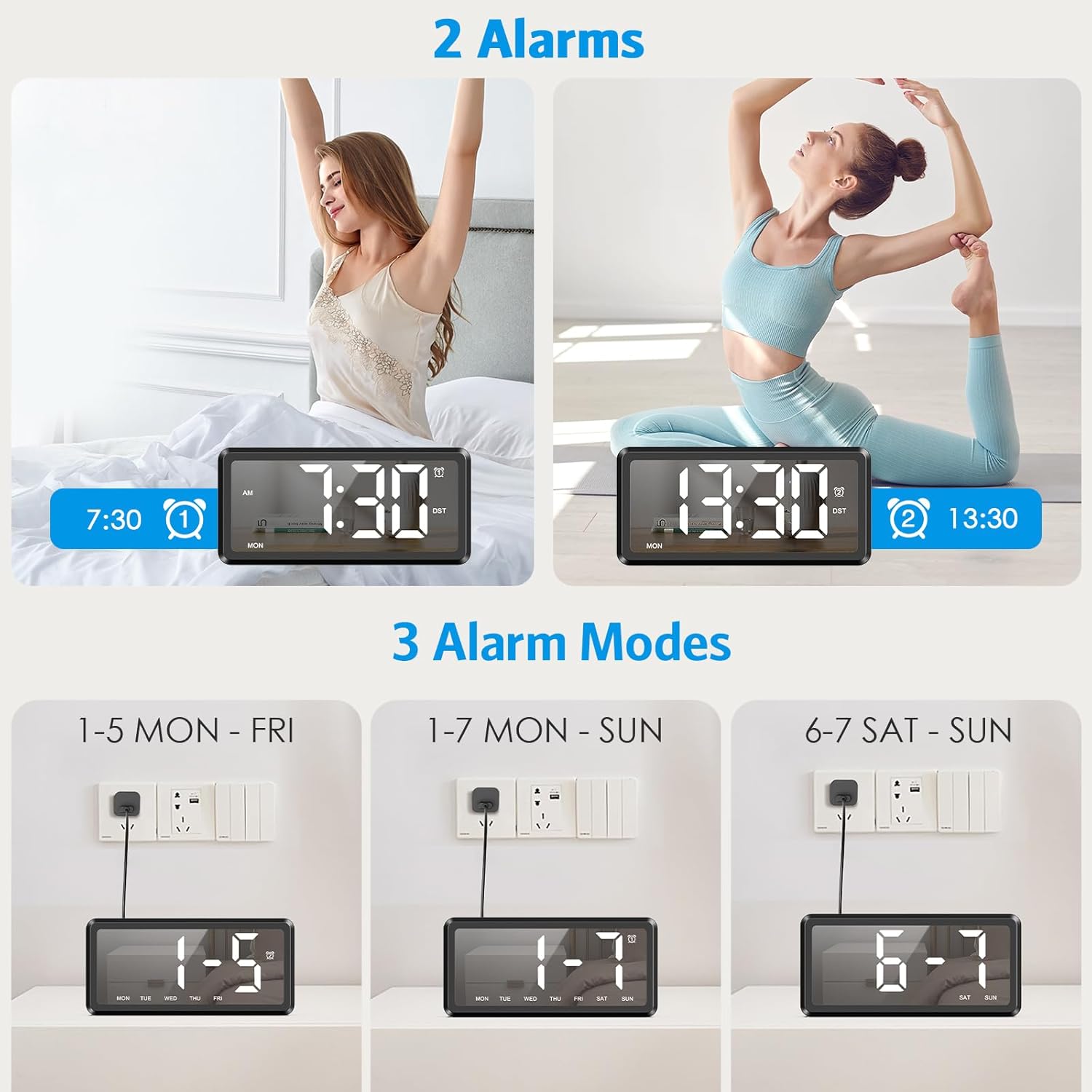 AMIR Wooden Alarm Clock with 2 Alarms and USB Charging
